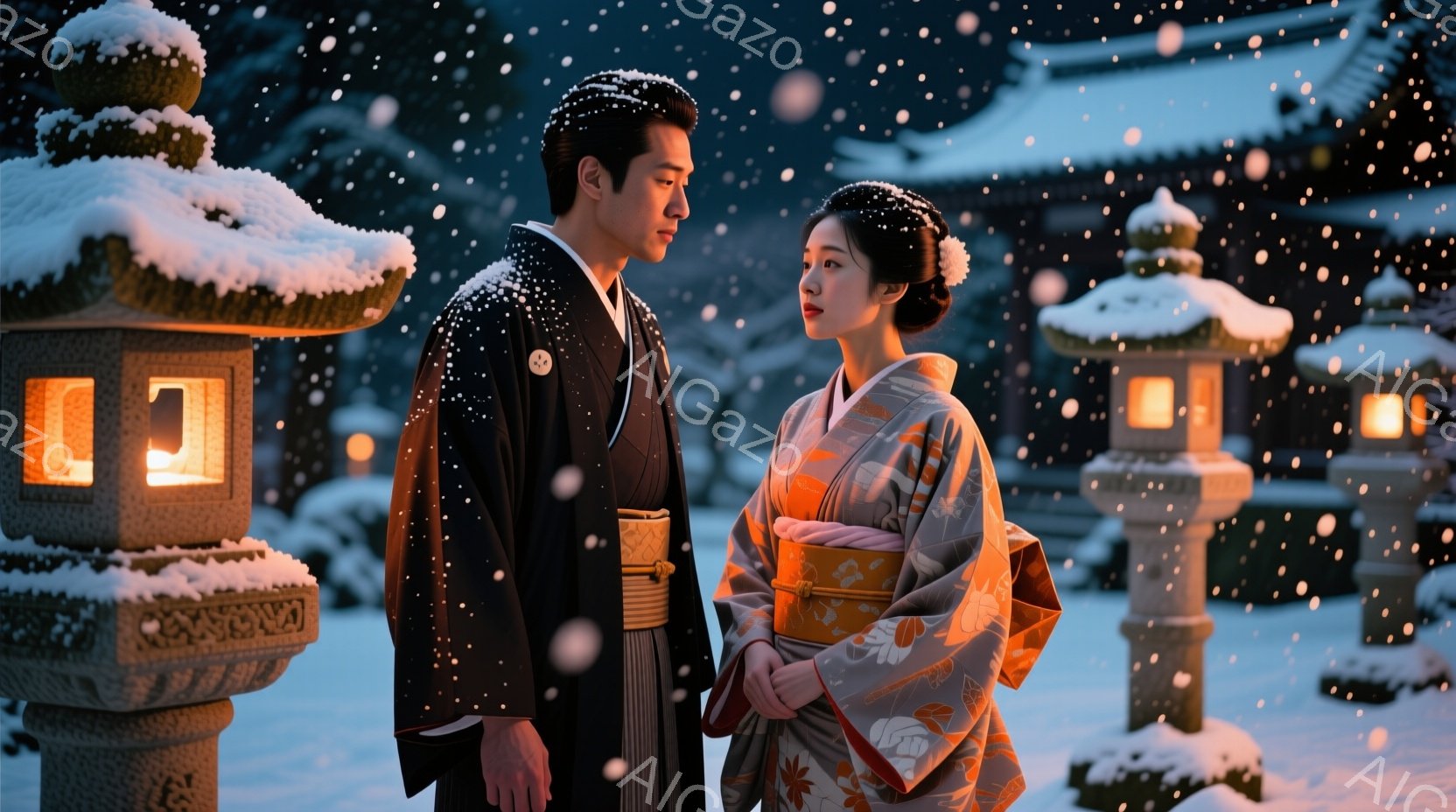 雪が降る中、着物を着た男女が並んで立っている。男性は黒い着物と白い羽織を着用し、女性はオレンジと灰色の模様の美しい着物と、髪を結い上げた伝統的な髪型をしている。周囲には雪で覆われた石灯籠が並び、背景には伝統的な日本建築が見え、静かで幻想的な雰囲気を醸し出している。