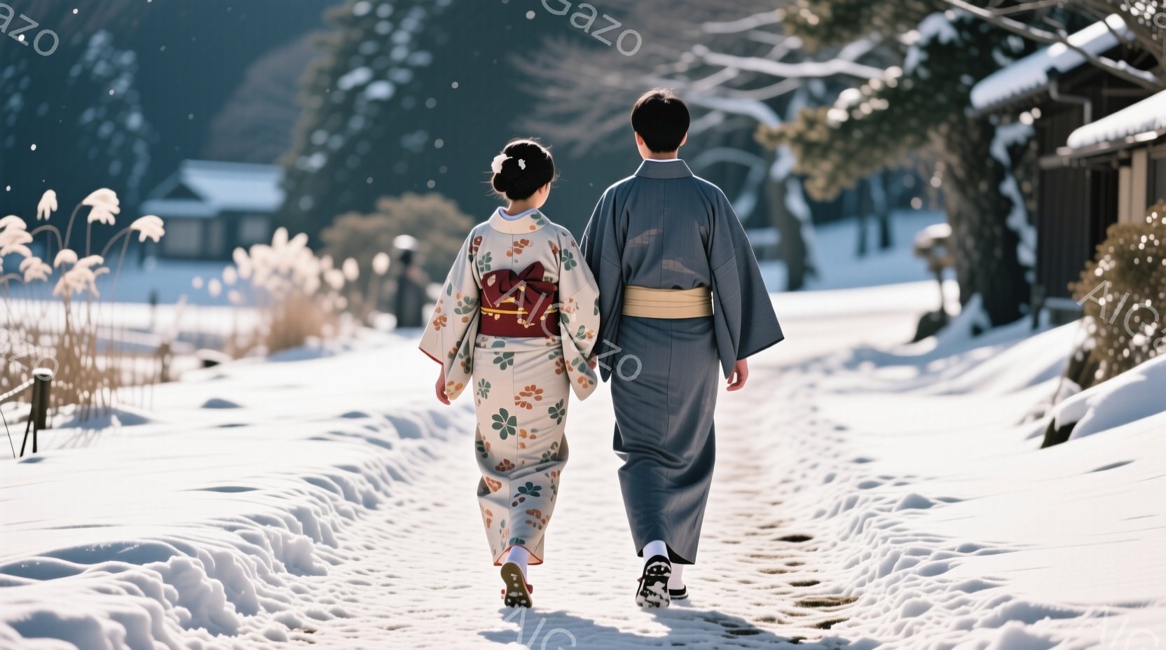 雪道を歩く夫婦の後ろ姿が描かれている。女性はクリーム色の地に緑の模様が入った着物を、男性は紺色の着物をそれぞれ着用し、腰には締めた帯が確認できる。背景には雪に覆われた木々や伝統的な日本の家屋が見え、冬 - AI生成フリー素材