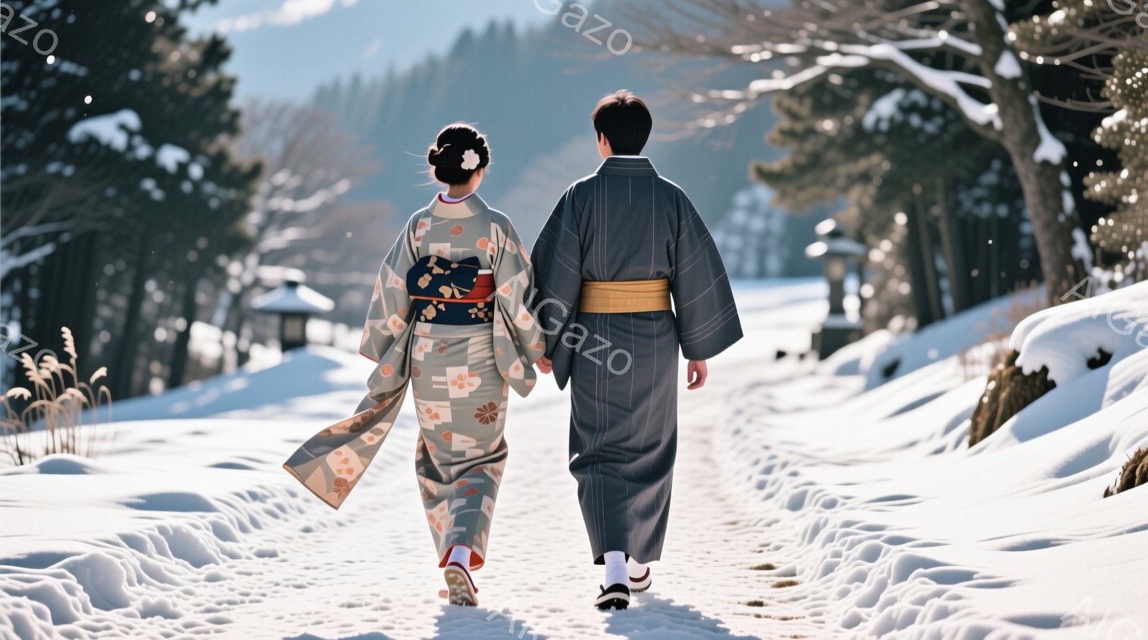 雪道を二人が着物姿で手をつないで歩いている。女性はクリーム色の地に淡いピンクと緑の花柄の着物を着ており、髪をきっちりとまとめ、足元は日本の伝統的な下駄を履いている。背景は雪に覆われた道と木々で、冬の静 - AI生成フリー素材
