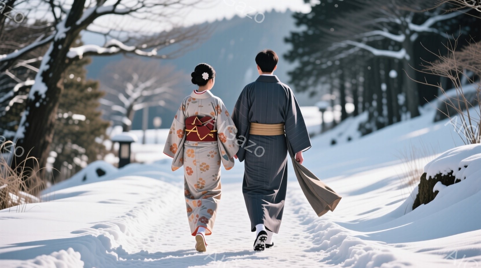 雪道を二人連れが歩いている。女性はクリーム色の地に桜柄の着物を着ており、黒い髪を高く結い、シンプルな髪飾りをつけている。男性は濃紺の着物と灰色の帯を締めており、二人とも後ろ姿で表情は見えないが、雪景色 - AI生成フリー素材