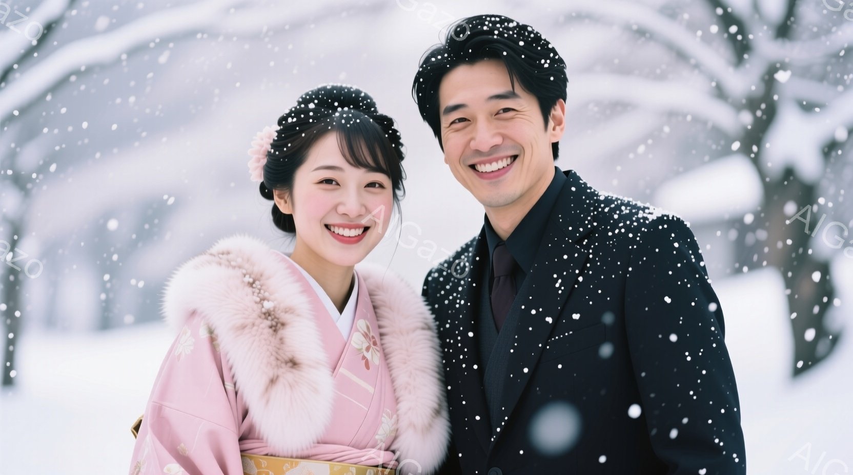 新郎新婦と思われる男女が雪景色の中で微笑んでいます。女性は薄桃色の着物と毛皮のショールを身につけ、髪を華やかに飾り付けています。男性は黒いスーツに赤いネクタイを合わせ、穏やかな笑顔を見せており、背景には雪で覆われた木々がぼんやりと見えます。