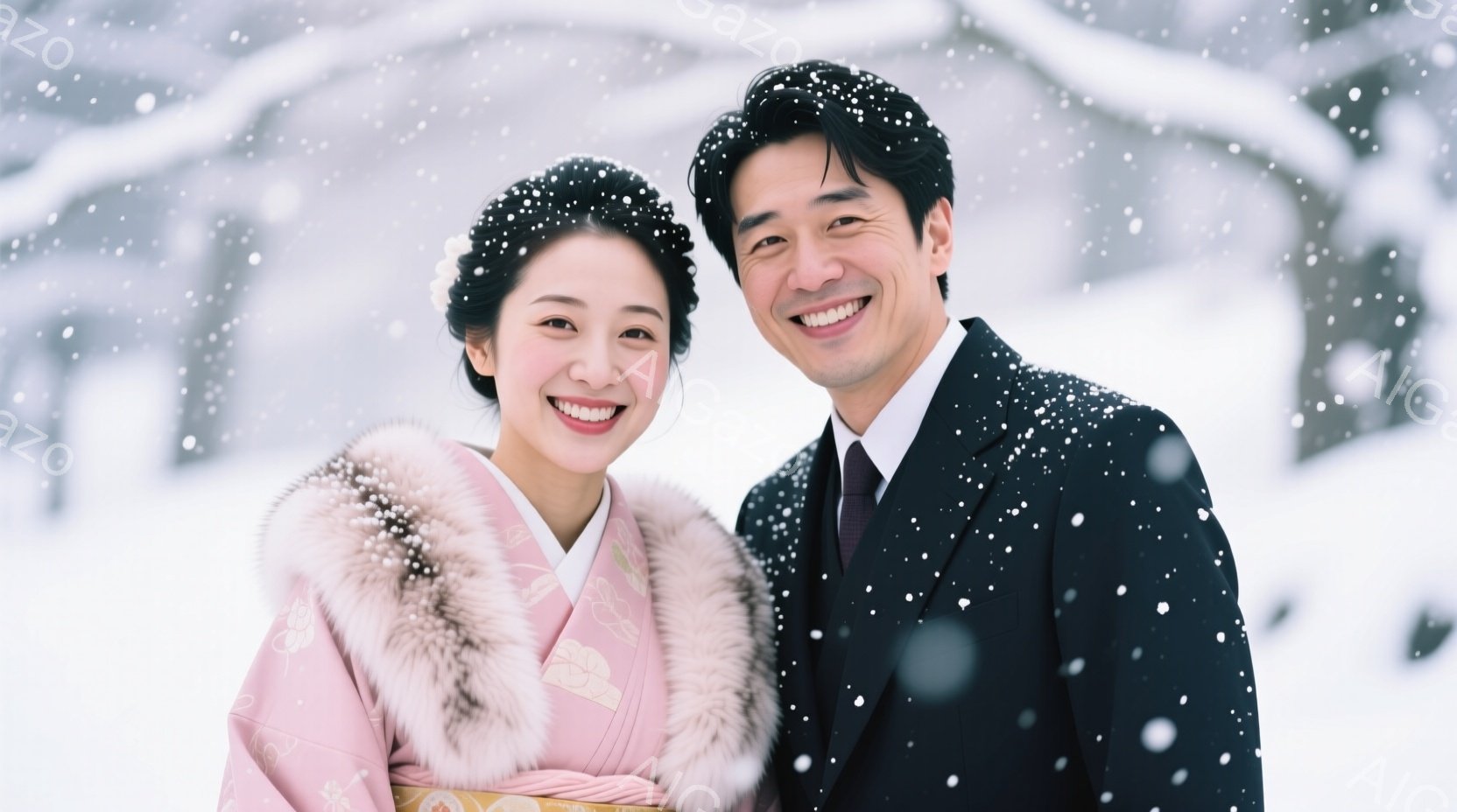 新婦はピンク色の着物と、ふわふわのショールを羽織り、笑顔でカメラを見ている。新郎は黒いスーツにネクタイ、爽やかな笑顔で新婦の隣に立っている。背景は雪景色で、雪が舞い降りており、冬の結婚式の温かくロマンチックな雰囲気を演出している。