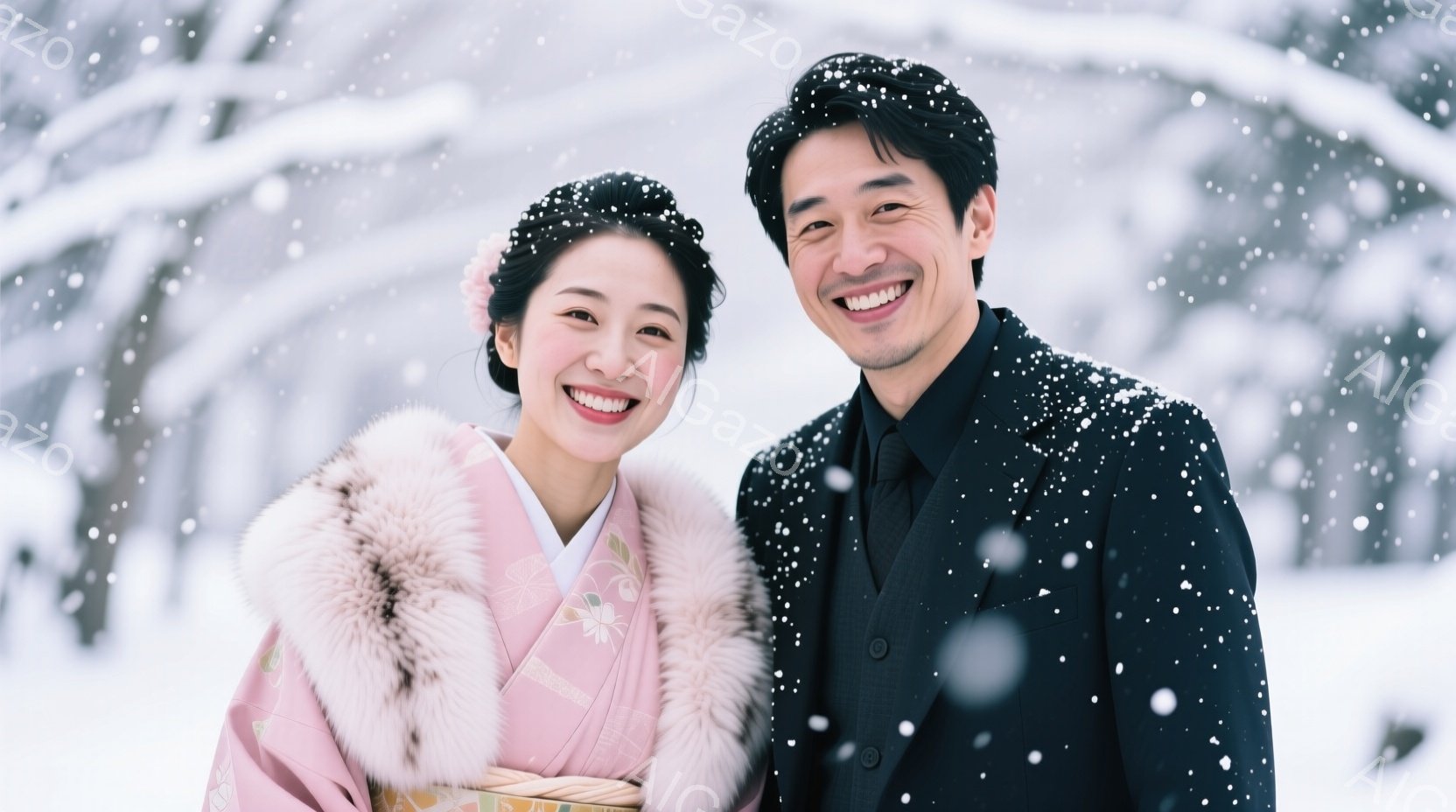 鮮やかな笑顔を浮かべた女性は、淡いピンク色の着物と毛皮のショールを身に着けています。男性は黒いスーツとコートを着ており、女性同様に満面の笑みを湛えています。背景には雪が降り積もる冬の風景が広がり、二人 - AI生成フリー素材