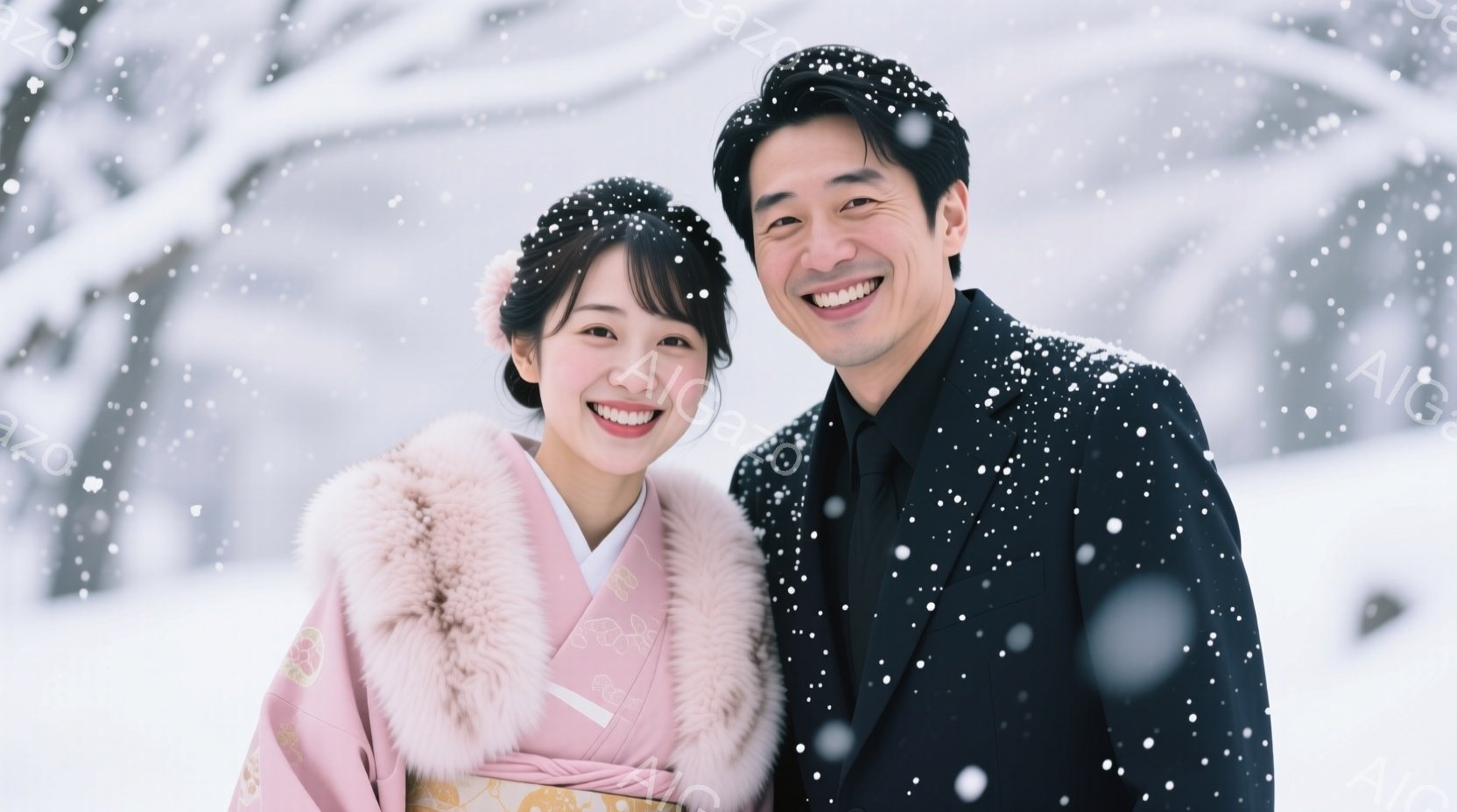 新婦は淡いピンク色の振袖に白いファーをあしらったショールを羽織り、髪を華やかに結い上げています。新郎は黒いスーツに白いシャツで、笑顔で新婦の隣に寄り添っています。背景は雪景色で、雪が舞い散る中、二人は幸せそうに微笑み、温かい雰囲気が漂っています。