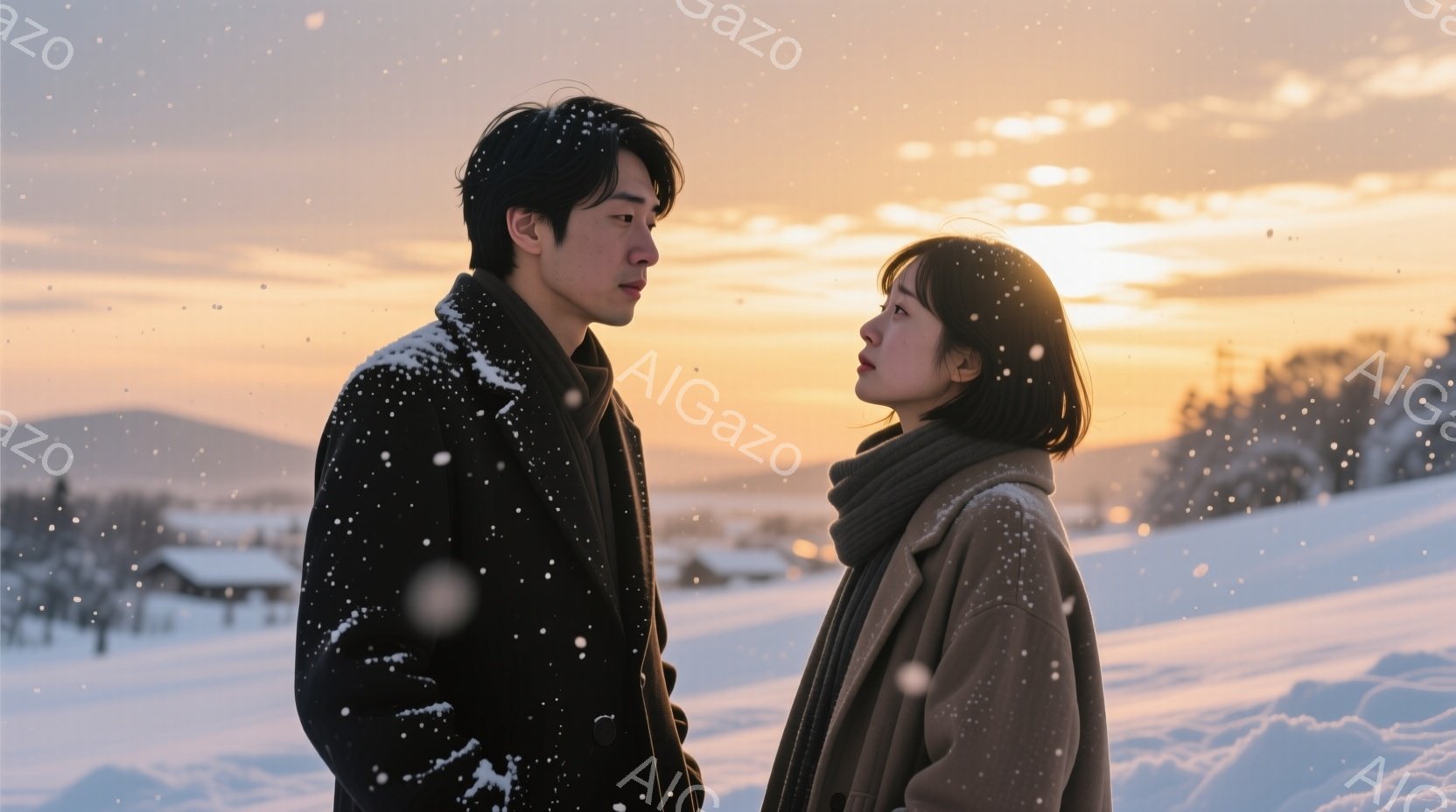 雪が舞う冬の風景の中に、男女が並んで立っている。男性は黒いコートを着ており、短髪で少し憂いを帯びた表情をしている。女性はベージュ色のコートとマフラーで暖かく身を包み、同じ方向を見据えながら、やや物憂げ - AI生成フリー素材