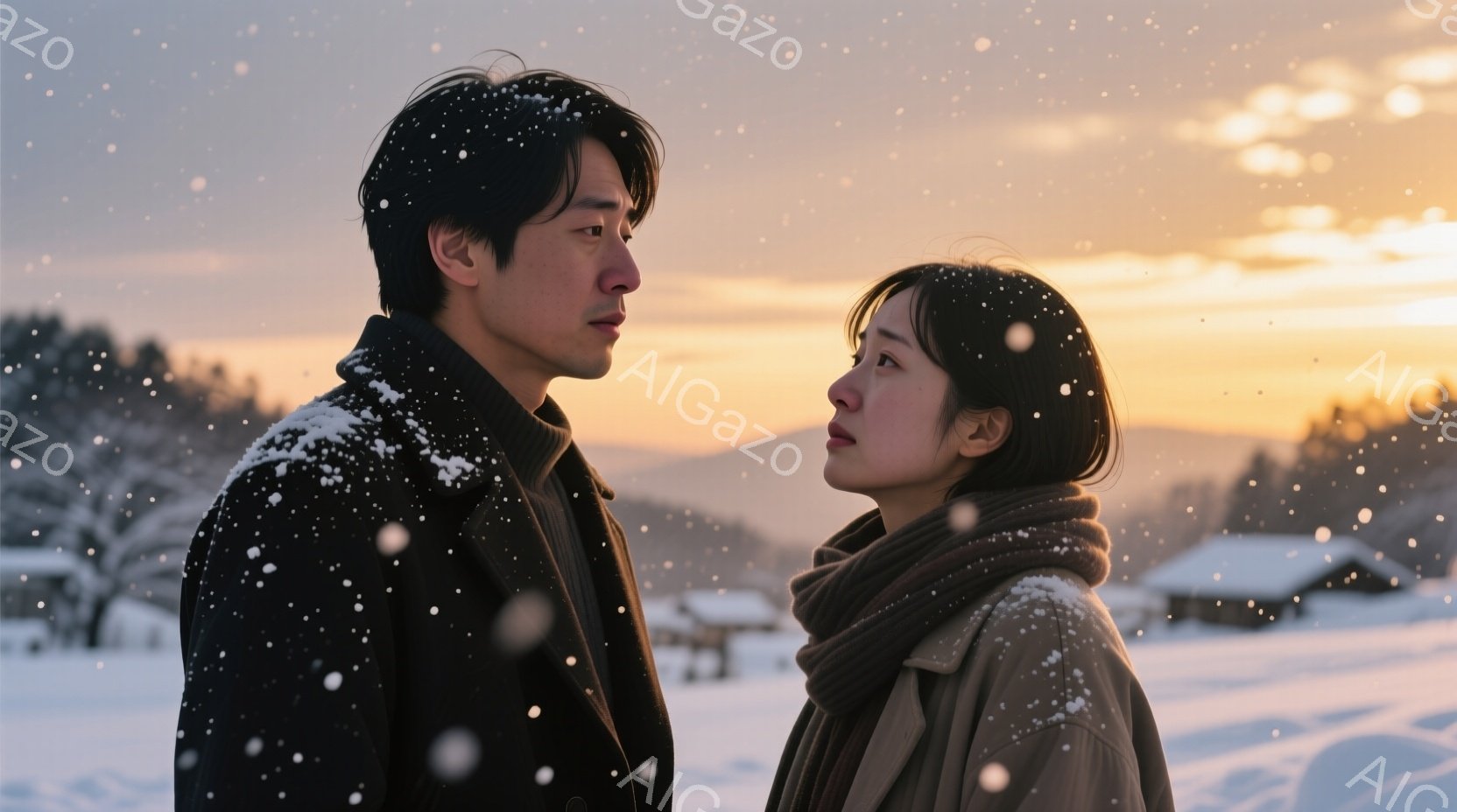 雪が舞う中、一対の男女が寄り添うように立っている。男性は黒いコートを着ており、短髪で真剣な表情をしている。女性はベージュのコートに巻物を巻いており、同じように前を見据え、やや憂いを帯びた表情をしている - AI生成フリー素材