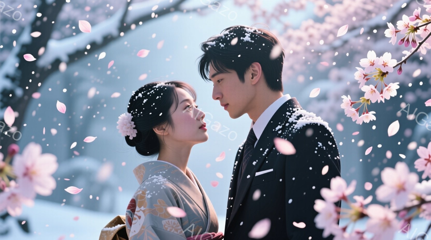 結婚式を迎えた新郎新婦が桜吹雪の中で見つめ合っている。新婦は白地に桜模様の着物を着て髪に花飾りをつけ、穏やかな表情で新郎を見つめている。新郎は黒いスーツを着ており、少し下を向いて新婦を見つめ、二人の間 - AI生成フリー素材