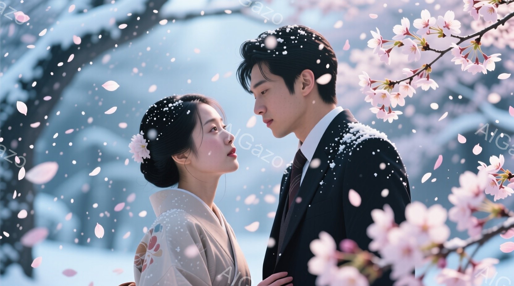 桜の花びらが舞う中、和装の女性とタキシード姿の男性が寄り添い、互いの横顔を見つめ合っている。女性は髪をまとめ、髪飾りをつけており、男性は真剣な表情で女性を見つめている。背景にはぼんやりと木々が見え、全体的に幻想的でロマンチックな雰囲気を醸し出している。