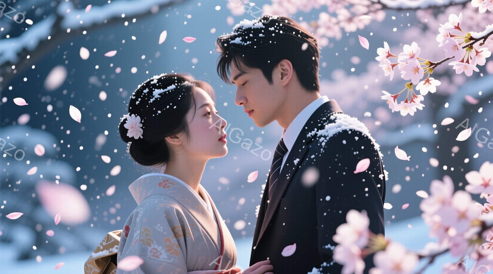 日本の伝統的な衣装である着物を着た女性と、黒いスーツを着た男性が、桜の花びらが舞う中で顔を見つめ合っています。女性は白い着物にピンク色の帯を締め、髪を高く結い、桜の髪飾りをつけています。背景にはぼんやりと建物が見え、全体的に柔らかくロマンチックな雰囲気です。