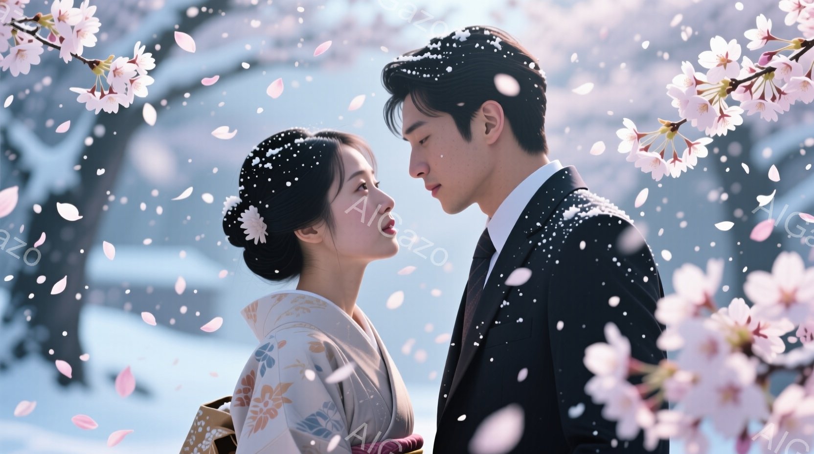 着物姿の女性とスーツ姿の男性が、桜の舞い散る中で向き合っています。女性は、淡いピンクと白の桜柄の着物を着ており、髪をまとめ上げ、穏やかな表情を浮かべています。男性は黒いスーツにネクタイを締め、女性を見つめ、やや切ない表情をしています。