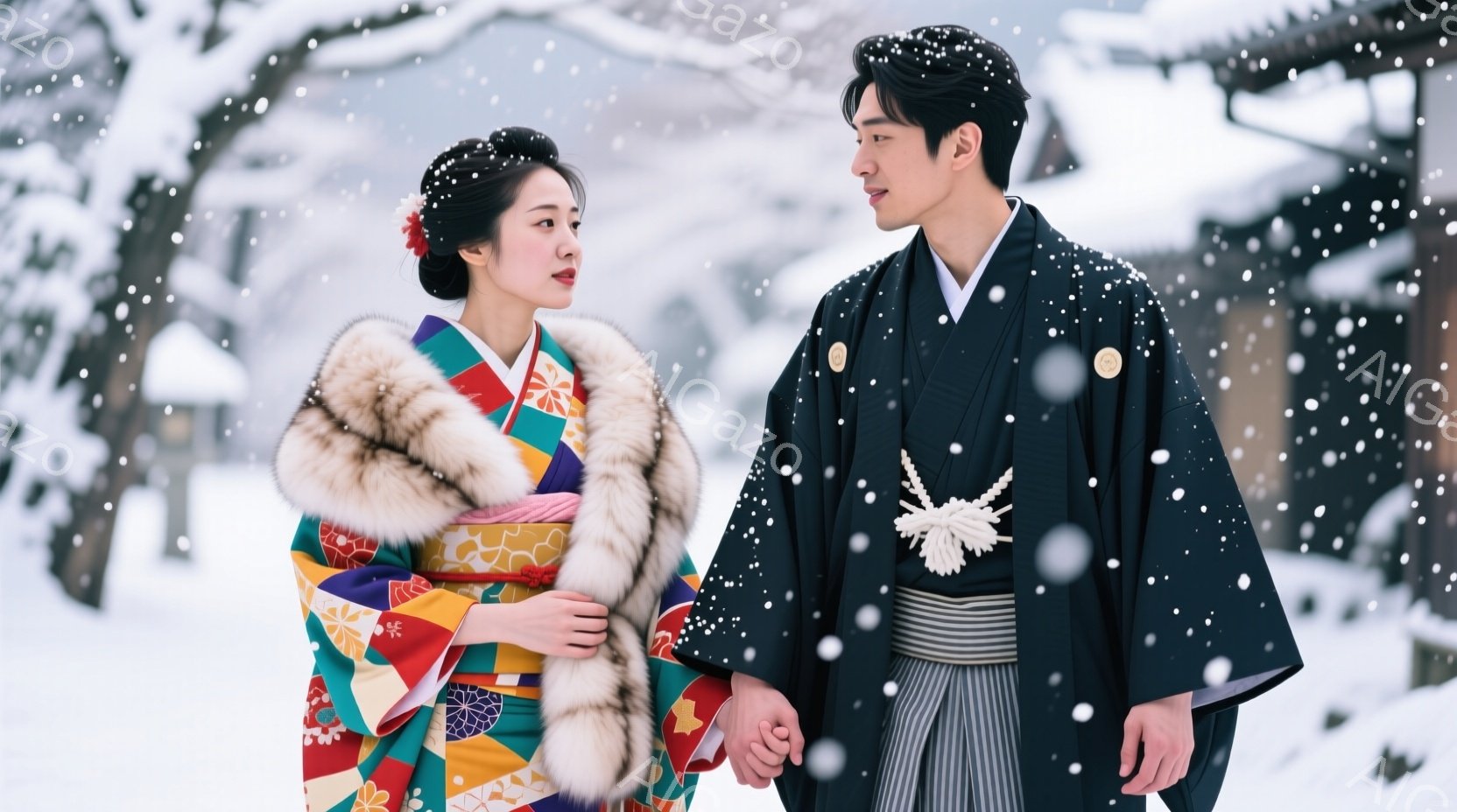 新婦は鮮やかな色使いの着物と、毛皮のショールを身につけ、華やかな髪飾りを付けている。新郎は黒の紋付羽織袴を着用し、新婦の手を優しく握っている。背景は雪景色で、伝統的な日本の建物がぼんやりと見え、静かでロマンチックな雰囲気を醸し出している。