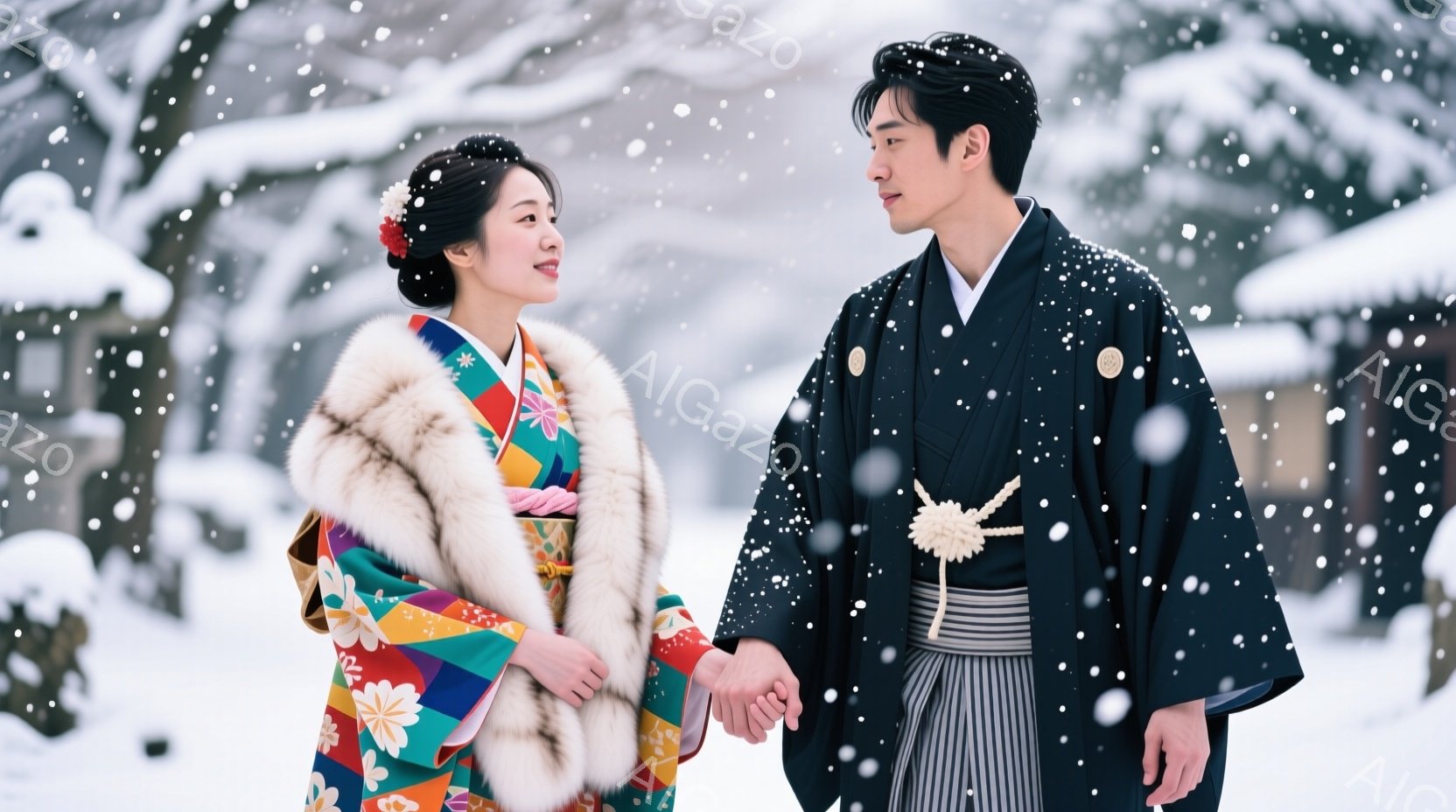雪が舞う中、鮮やかな着物を着た女性と黒いモンツキを着た男性が手をつないで歩いています。女性は華やかな花柄の着物に白くふさふさとしたショールを羽織り、髪を高くまとめ、かんざしをつけて微笑んでいます。背景 - AI生成フリー素材