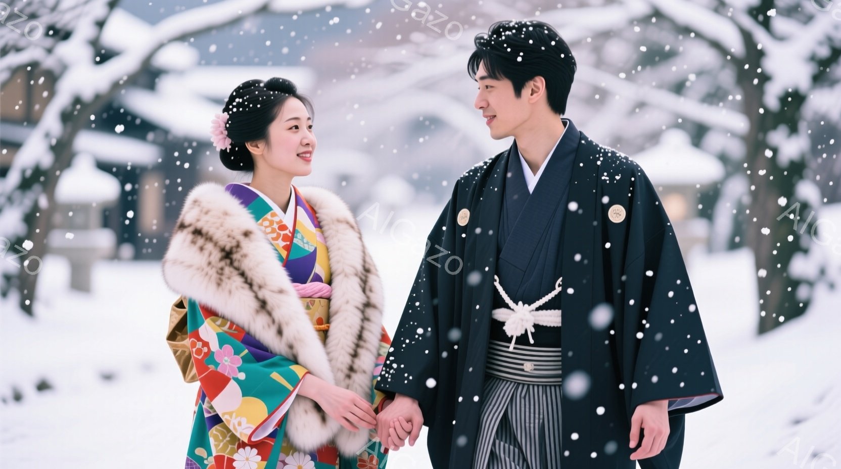 新郎新婦と思われる男女が雪景色の中で手をつないで立っています。女性は華やかな花柄の着物と白のファーを羽織っており、髪は伝統的なスタイルで飾り付けられています。男性は黒色の紋付羽織袴を身につけ、凛とした - AI生成フリー素材