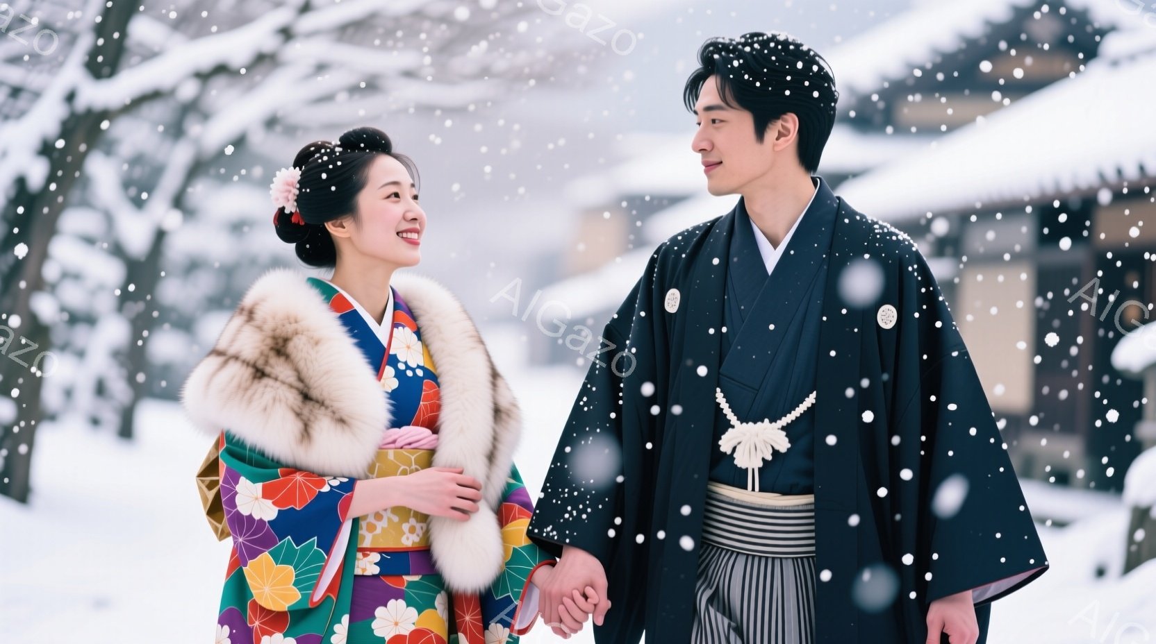 雪が降る中、華やかな着物を着た女性と黒色の羽織袴を身につけた男性が手をつないで歩いています。女性は鮮やかな色の花柄の着物と白いボア襟をつけ、髪を綺麗にまとめ、微笑んでいます。背景には雪景色が広がり、伝 - AI生成フリー素材