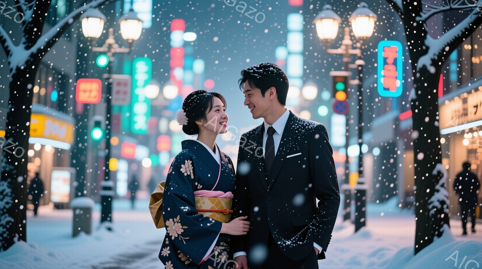 雪が降り積もる夜の街並みで、和装の女性とスーツ姿の男性が寄り添って微笑み合っている。女性は濃紺色の訪問着に、明るい黄色の帯を締め、髪を綺麗にまとめ上げている。男性は黒いスーツに白いシャツで、穏やかな表 - AI生成フリー素材