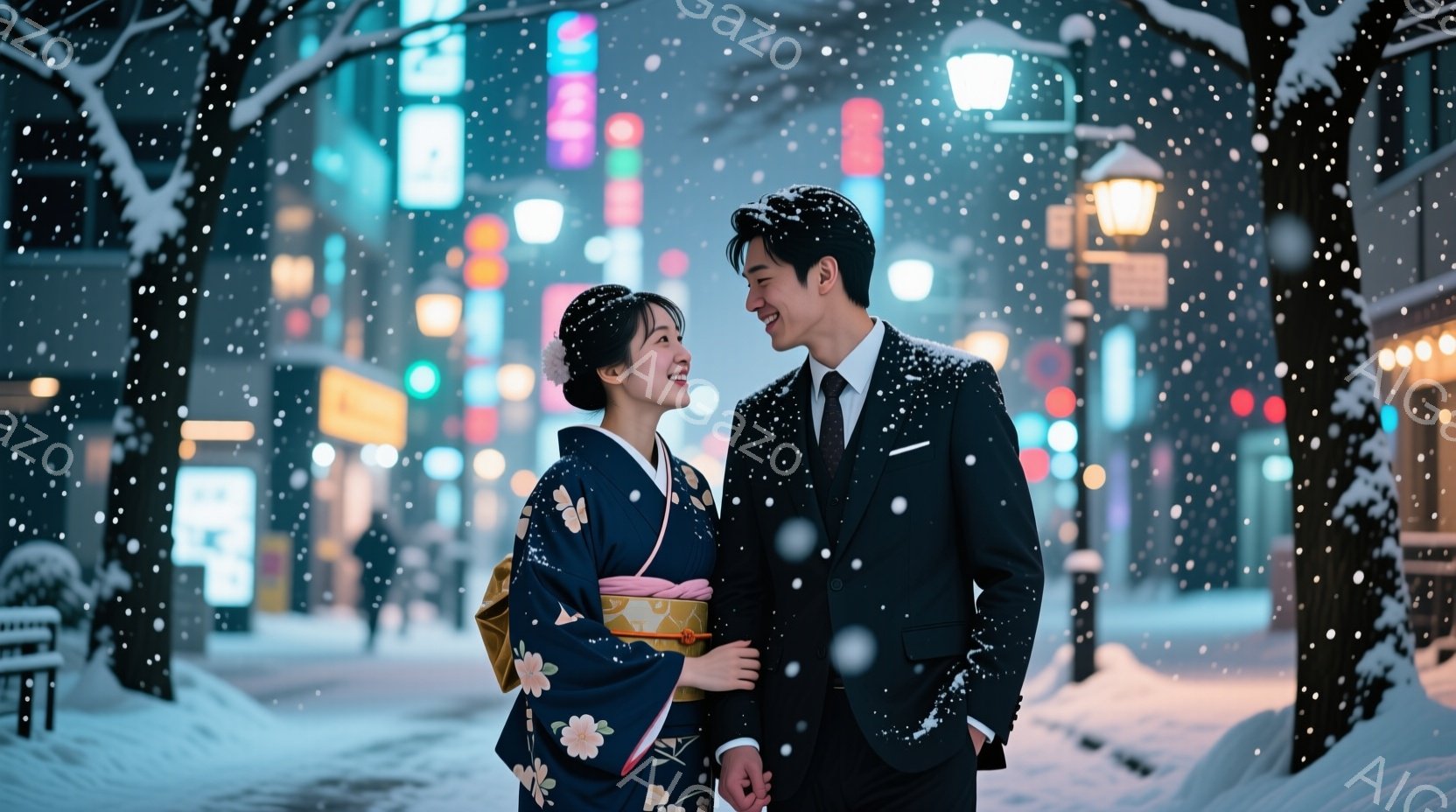 雪が降る夜の街並みを背景に、着物姿の女性とスーツ姿の男性が向かい合って微笑んでいます。女性は濃い藍色の着物にピンクの花柄があしらわれ、髪を後ろでまとめ、穏やかな表情を浮かべています。男性は黒いスーツにネクタイを締め、優しい笑顔で女性を見つめており、二人は肩を寄せ合って親密な雰囲気を醸し出しています。