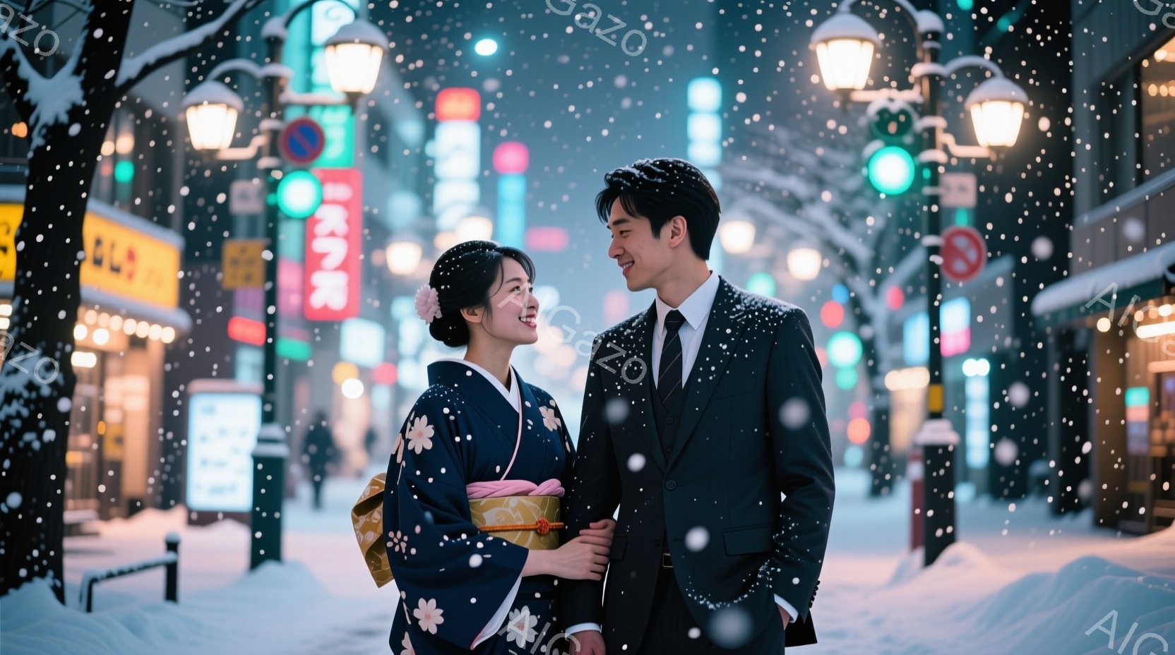 雪が降る夜の街で、和装した女性とスーツ姿の男性が寄り添い、微笑み合っている。女性は濃紺色の着物で、白とピンクの桜柄がアクセントになっており、髪は後ろでまとめて桜の髪飾りをつけている。背景には光るネオンサインと雪に覆われた建物が見え、ロマンチックで暖かい雰囲気が漂っている。