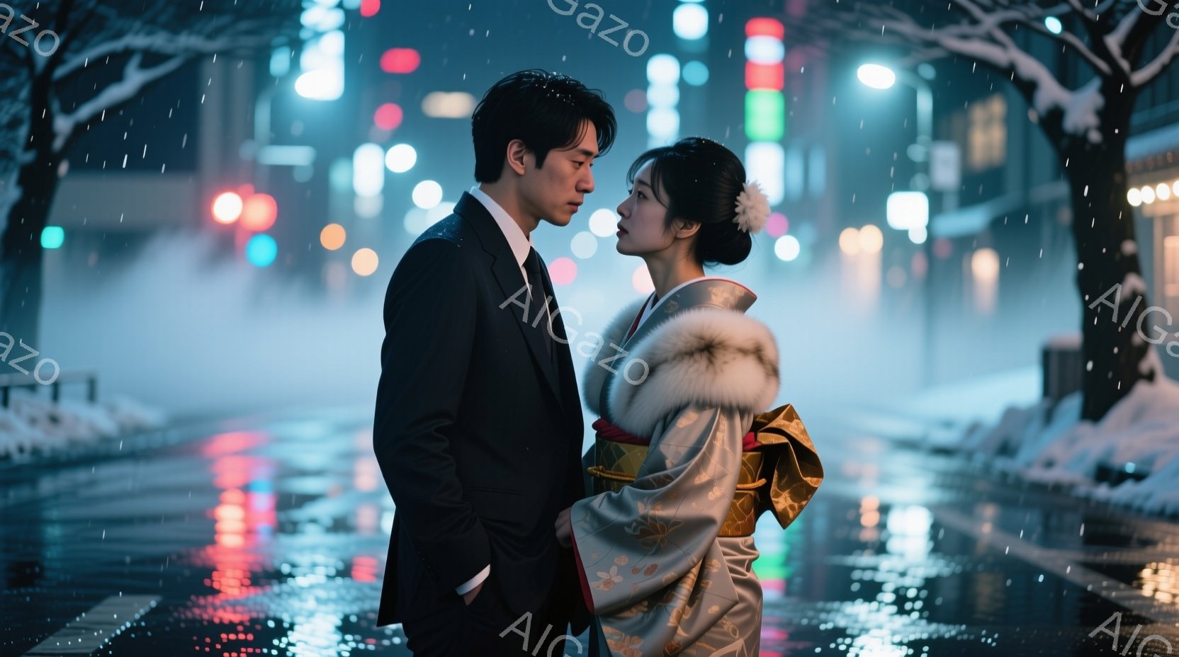 夜の街で、新郎新婦と思われる男女が寄り添い合っている。男性は黒いスーツと白いシャツで、女性はクリーム色の着物とファーのショールを身につけ、髪には花飾りをつけている。背景は雨に濡れた道路とぼやけたネオン - AI生成フリー素材