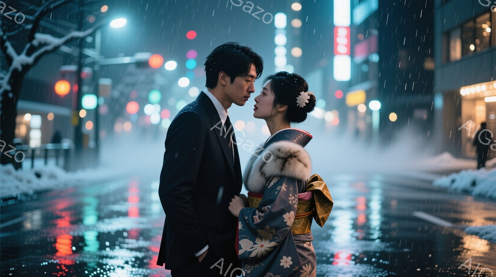 濡れた路面に二人が寄り添い、男性は黒いスーツ、女性は花柄の着物を着ています。女性は髪を後ろでまとめ、白い髪飾りをつけており、二人は互いに顔を近づけ、親密な雰囲気を醸し出しています。背景には、雨に濡れた - AI生成フリー素材