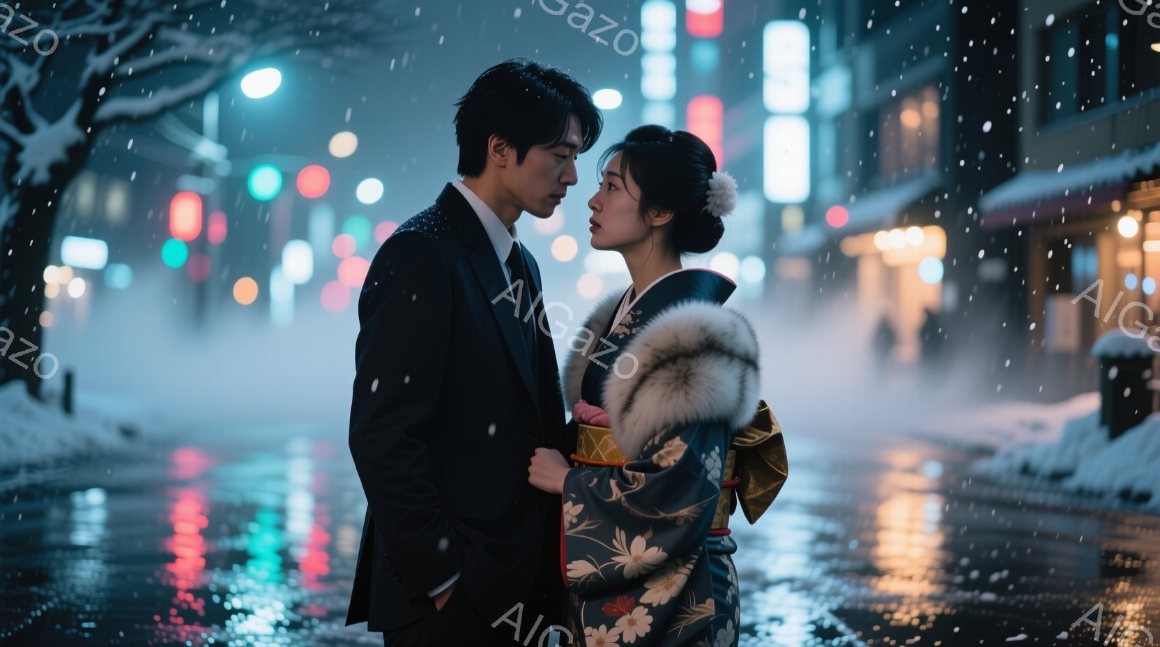 雪が降る夜の街で、一人の男性と女性が向かい合っています。男性は黒いスーツにネクタイ姿で、女性は緑色の花柄の着物と白い襟巻きを身につけ、髪を後ろで結んでいます。二人は寄り添い、何かを語り合っているような - AI生成フリー素材