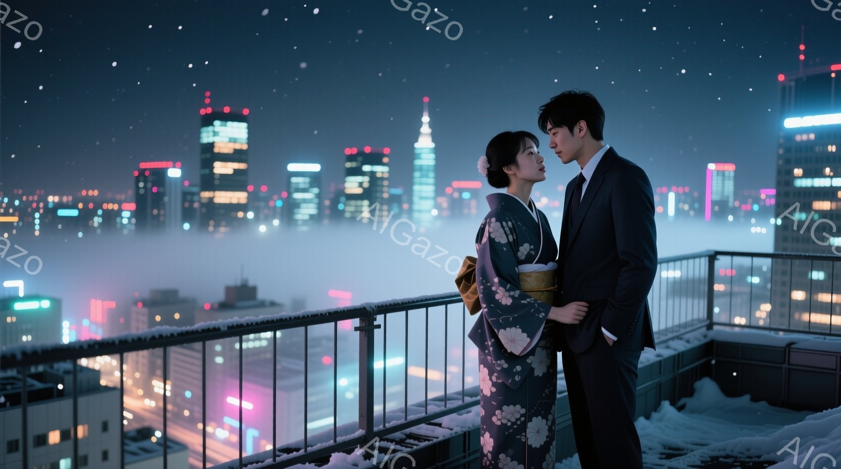 屋上にて、着物を着た女性とスーツ姿の男性が寄り添い、夜景を見下ろしている。女性は濃いピンク色の着物で、髪は後ろでまとめられている。背景には、霧に包まれた夜の都市のスカイラインが広がり、ロマンチックで幻想的な雰囲気を醸し出している。