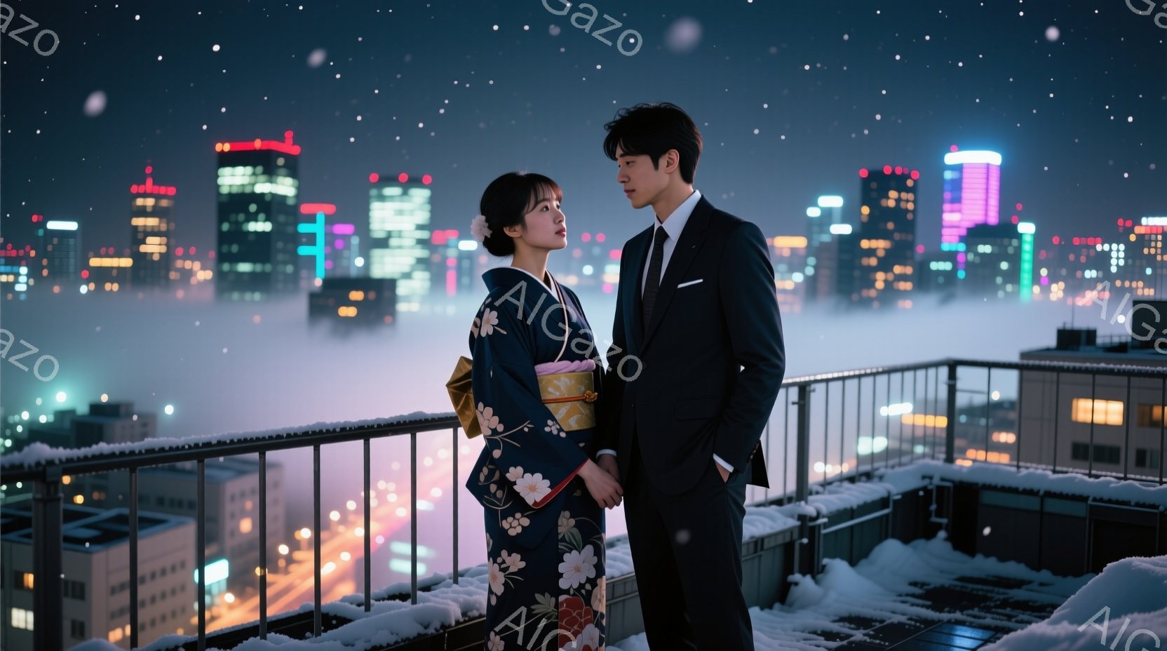屋上にて、着物姿の女性とスーツ姿の男性が寄り添って立っている。女性は花柄の濃い青色の着物を着ており、髪は後ろでまとめ上げられている。背景には夜景が広がり、高層ビル群が光り輝き、雪が舞っている様子が描か - AI生成フリー素材