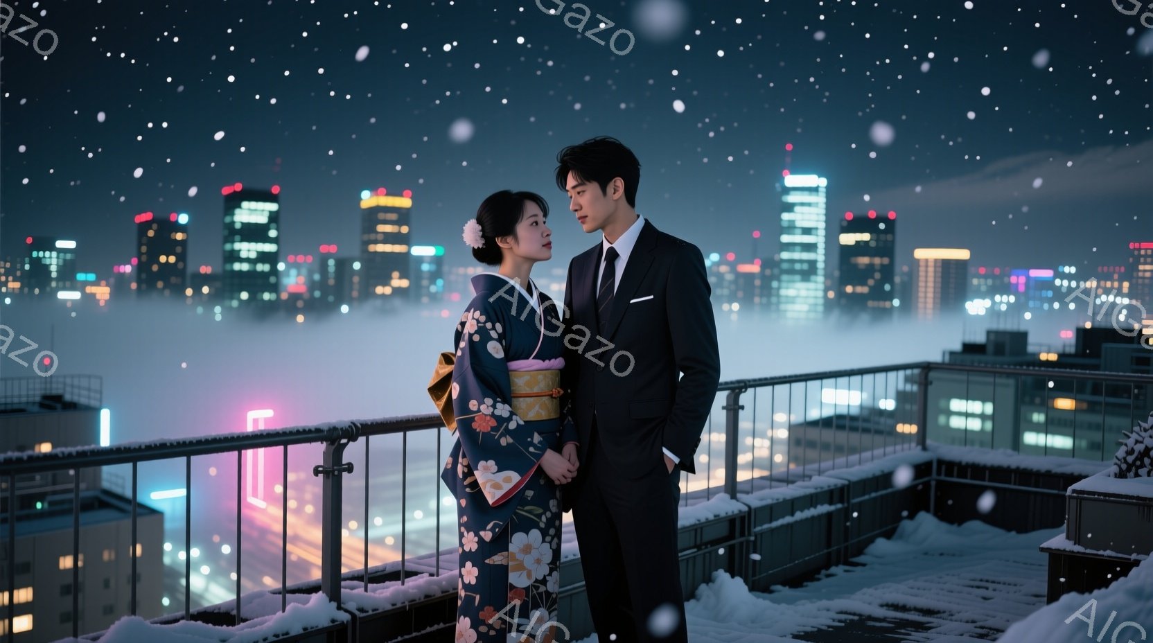 屋上にて、着物を着た女性とスーツ姿の男性が寄り添って立っている。女性は赤い花柄の着物で、髪は後ろでまとめられている。背景には夜景が広がり、足元には雪が積もり、幻想的な雰囲気を醸し出している。