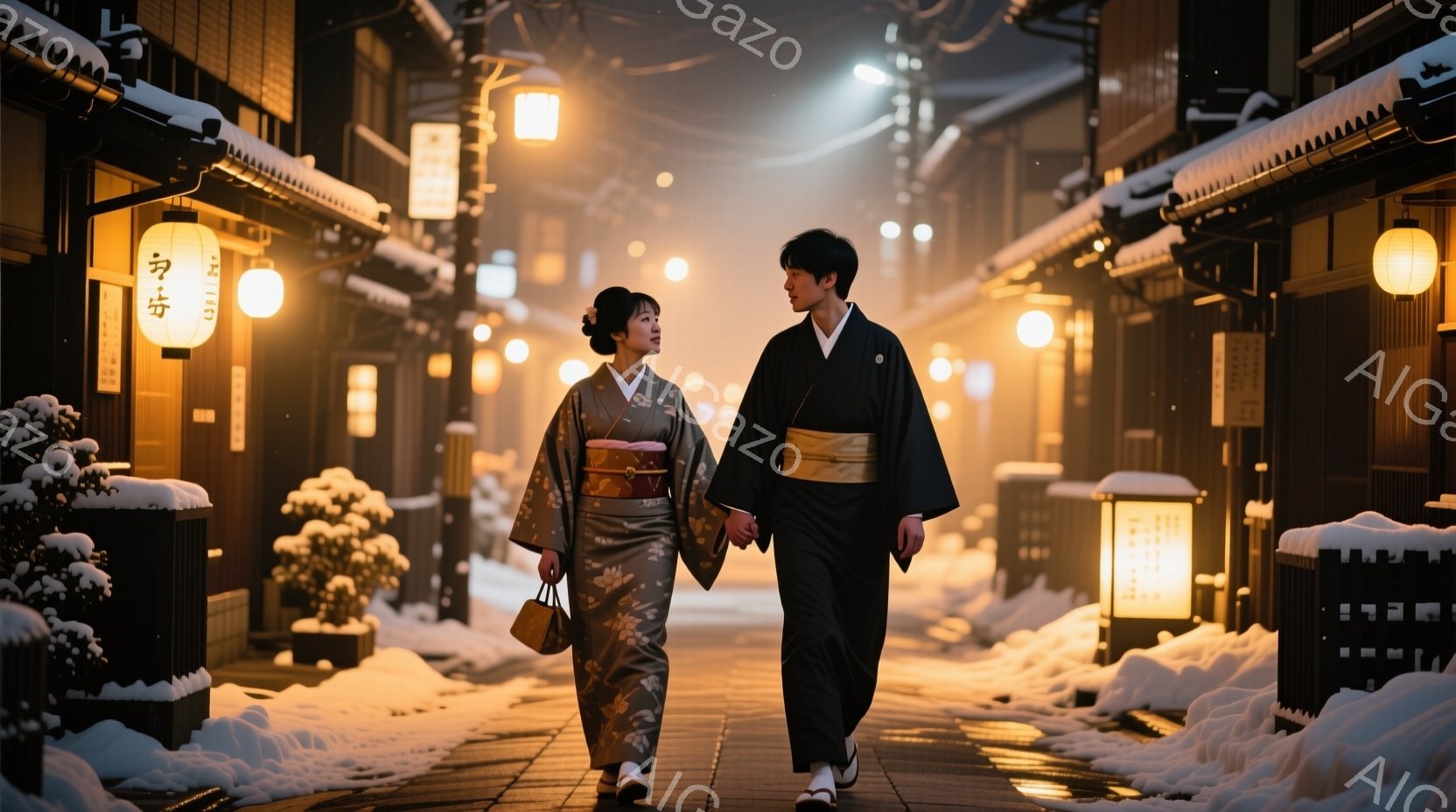 着物姿の男女が雪の降る古い街並みを歩いている。女性は明るい色の花柄の着物を着ており、男性は黒色の着物に羽織を着用している。両者は手をつなぎ、暖かく穏やかな雰囲気を醸し出している。 - AI生成フリー素材