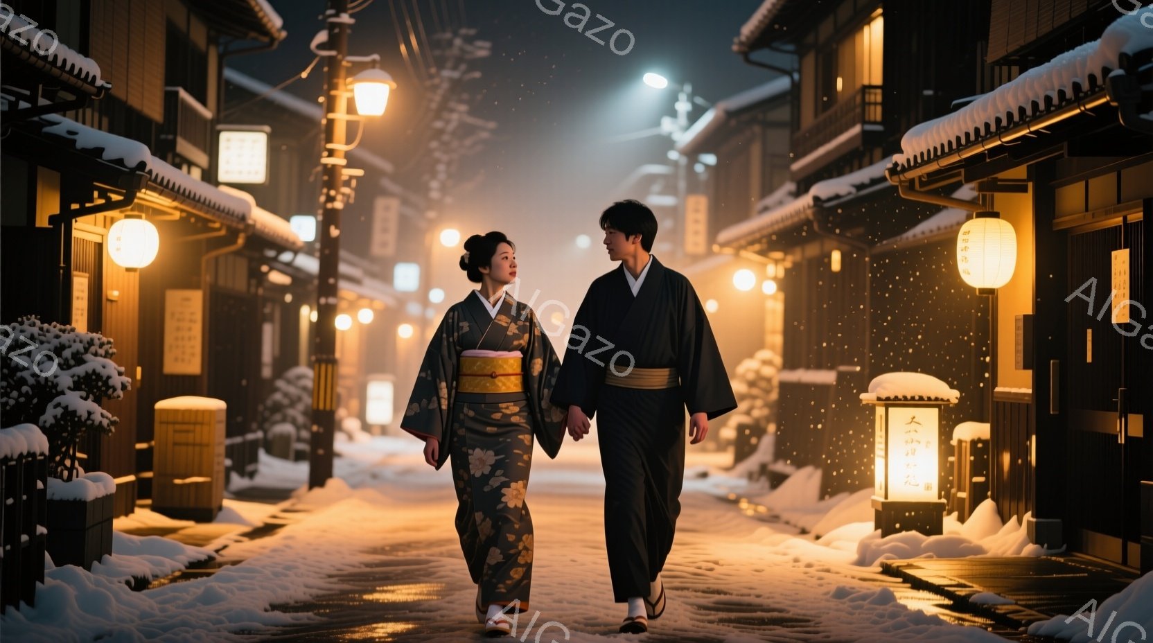 雪が舞う古い街並みを、和装した男女が手をつないで歩いている。女性は濃い青色の着物と白髪の櫛を挿したアップスタイル、男性は黒色の着物姿で、共に穏やかな表情をしている。背景には木造の建物が並び、提灯の灯り - AI生成フリー素材