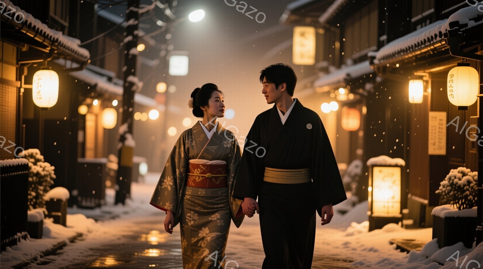 雪が降る古い町並みを、着物姿の男女が手をつないで歩いている。女性はクリーム色の桜柄の着物に帯を締め、髪は後ろでまとめており、男性は黒の着物と羽織を身につけている。背景には、提灯が灯る木造建築が並び、雪 - AI生成フリー素材