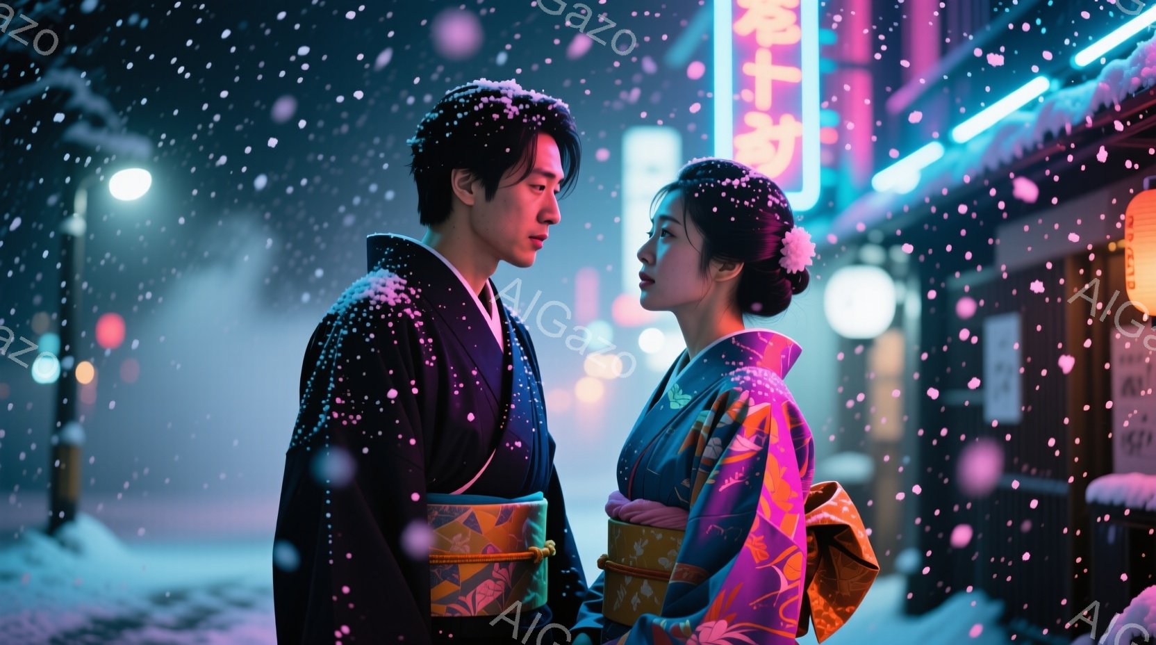 雪が降り積もる夜の街並みで、着物を着た若い男女が向き合っている。男性は黒の着物に羽織を着用し、女性は鮮やかな模様の着物に、髪を高く結い上げて花の髪飾りをつけている。背景には、提灯が灯る古い建物が見え、 - AI生成フリー素材