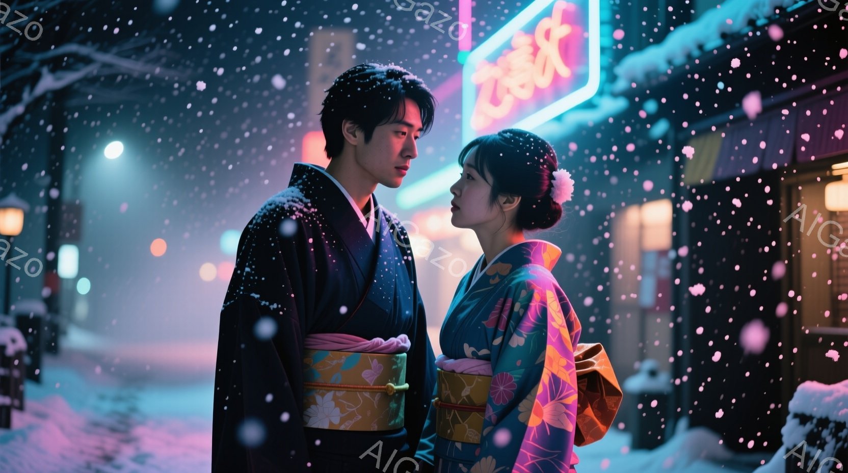 雪が降る夜の街並みで、着物を着た男女が向き合っている。男性は濃い青色の着物を着用し、髪は短く整えられている。女性は花柄の鮮やかな着物を身につけ、髪を高く結い上げ、少し微笑んでいるように見える。 - AI生成フリー素材