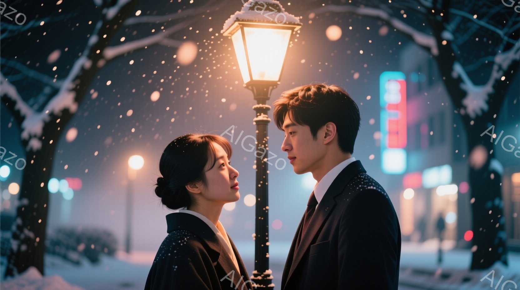 雪が降る夜の街並みを背景に、一対の男女が寄り添い合っている。女性は黒髪を後ろでまとめ、白いコートを着ており、男性は黒いスーツにネクタイ姿で、真剣な眼差しで女性を見つめている。背景には、ライトアップされ - AI生成フリー素材