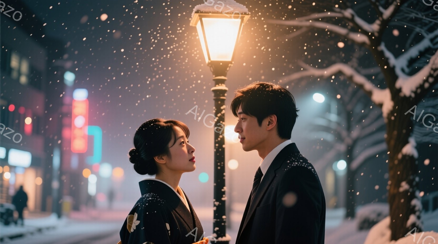 雪が降り積もる夜の街並みで、着物姿の女性とスーツ姿の男性が向き合っている。女性は濃い青色の着物に黄色い帯を締め、髪を後ろでまとめ、少し上を見ている表情はどこか物憂げだ。男性は黒いスーツにネクタイを締め - AI生成フリー素材