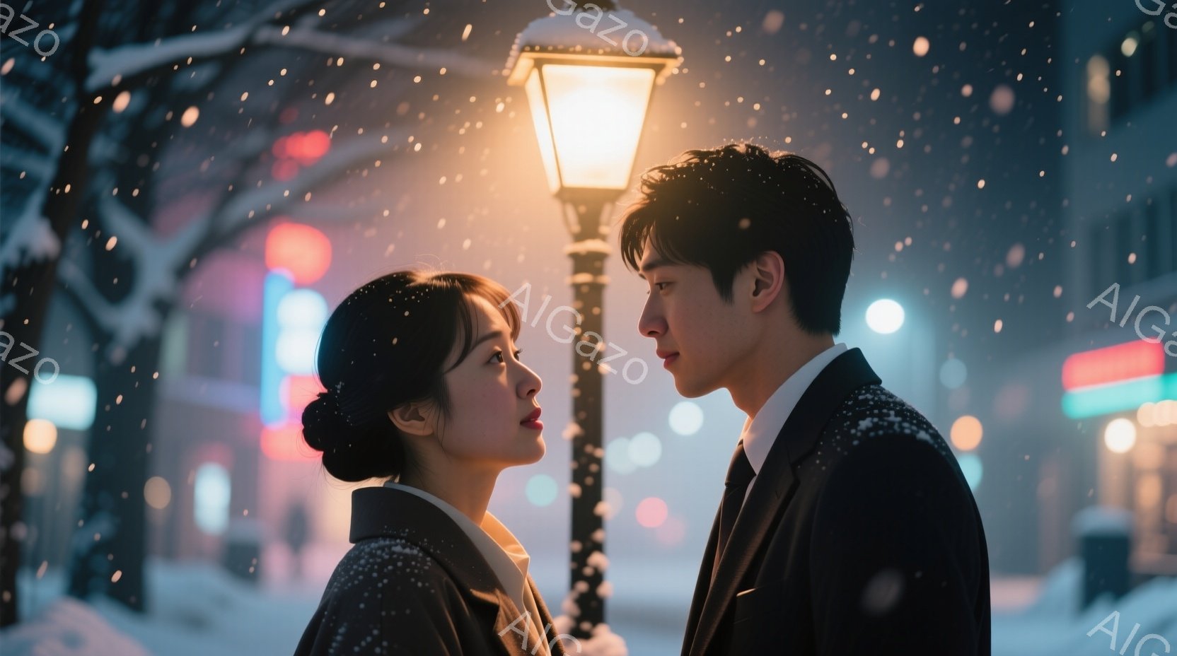雪が降る夜の街で、一対の男女が向き合っている。女性は黒髪を後ろでまとめ、赤い襟のコートを着ており、男性は黒いスーツを着ている。二人は互いを見つめ合い、やや切ない表情を浮かべており、背景には街灯とぼやけ - AI生成フリー素材