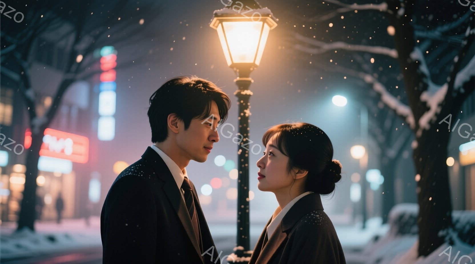 街灯の下で、スーツ姿の男性と女性が互いに顔を寄せ合っています。男性は黒いスーツにネクタイ、女性は白いシャツに黒いジャケットを着ており、髪はそれぞれ短く整えられています。背景には、雪が降り積もる夜の街並 - AI生成フリー素材