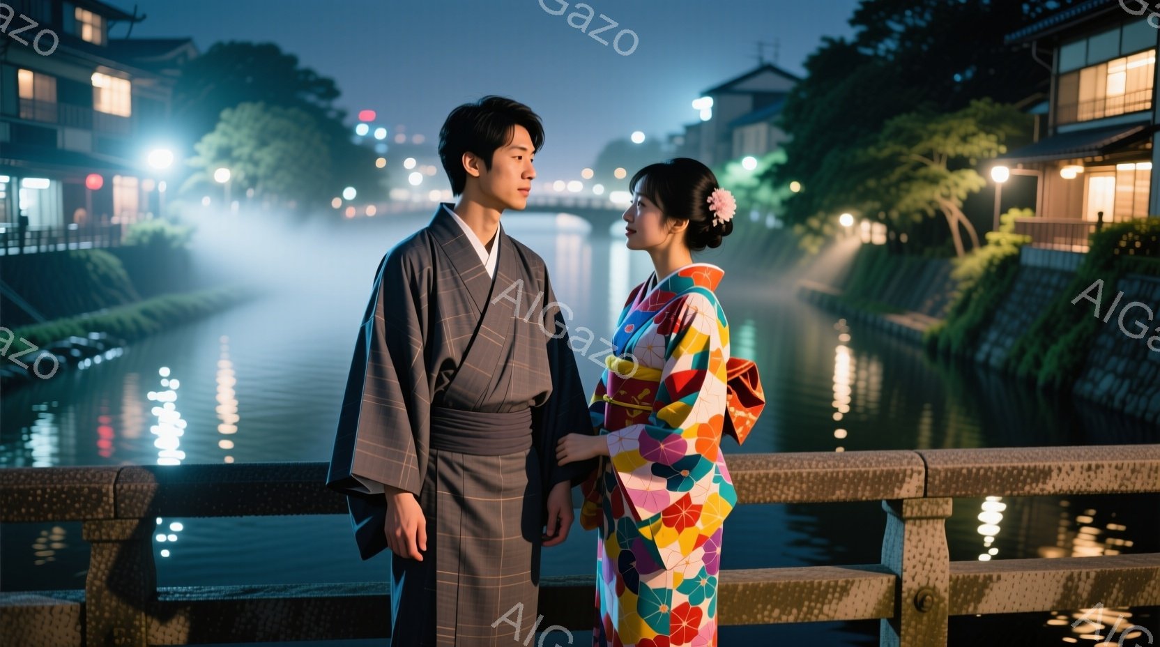 着物姿の男女が、夜の川沿いの橋の上に立っている。男性は濃いグレーの着物を着ており、髪は短く整えられている。女性は鮮やかな色使いの幾何学模様の着物を着て、髪を後ろでまとめ、髪飾りをつけている。