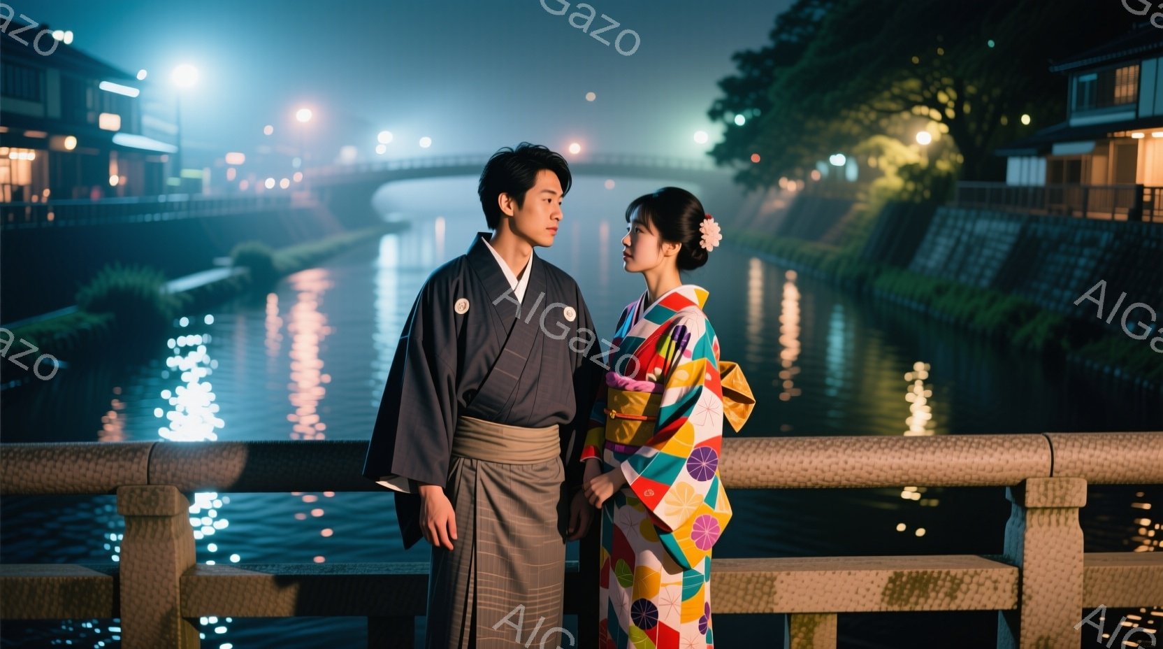 若い男女が、夜の川沿いの石橋の上に立っている。男性は黒色の着物と羽織を身につけ、女性はカラフルな花柄の着物を着ており、髪には白い花飾りをつけている。背景には、ぼんやりと光る建物や街灯が見え、川面にはそ - AI生成フリー素材