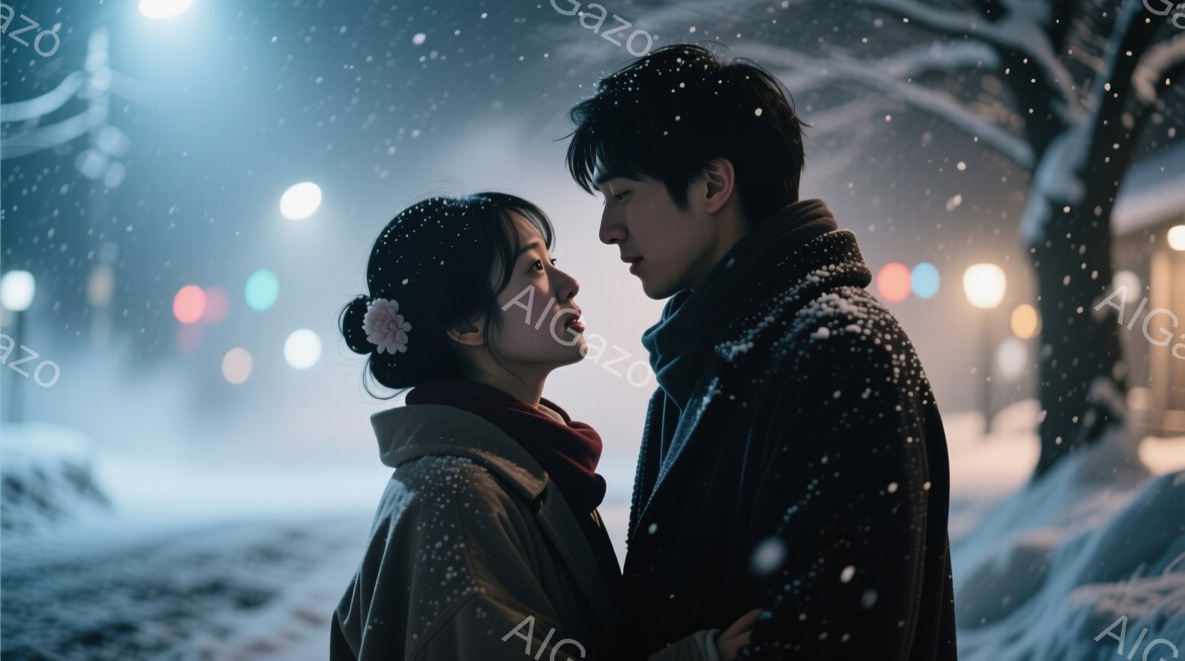 雪が降る夜の街で、男女が寄り添い合っている。女性はベージュ色のコートに赤いマフラーを巻き、髪を後ろでまとめ、白い花飾りをつけている。男性は濃い色のコートを着て、女性を見つめており、二人の表情は切なく、互いに惹かれ合っている様子が伺える。