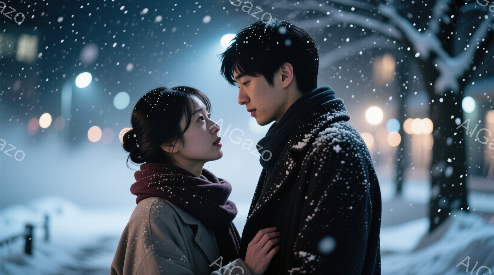 雪が降る夜に寄り添う男女が描かれています。女性はベージュのコートに赤いマフラーを巻き、髪を後ろでまとめています。男性は黒いコートを着ており、女性を見つめ、腕で優しく包み込んでいます。背景にはぼやけた街 - AI生成フリー素材