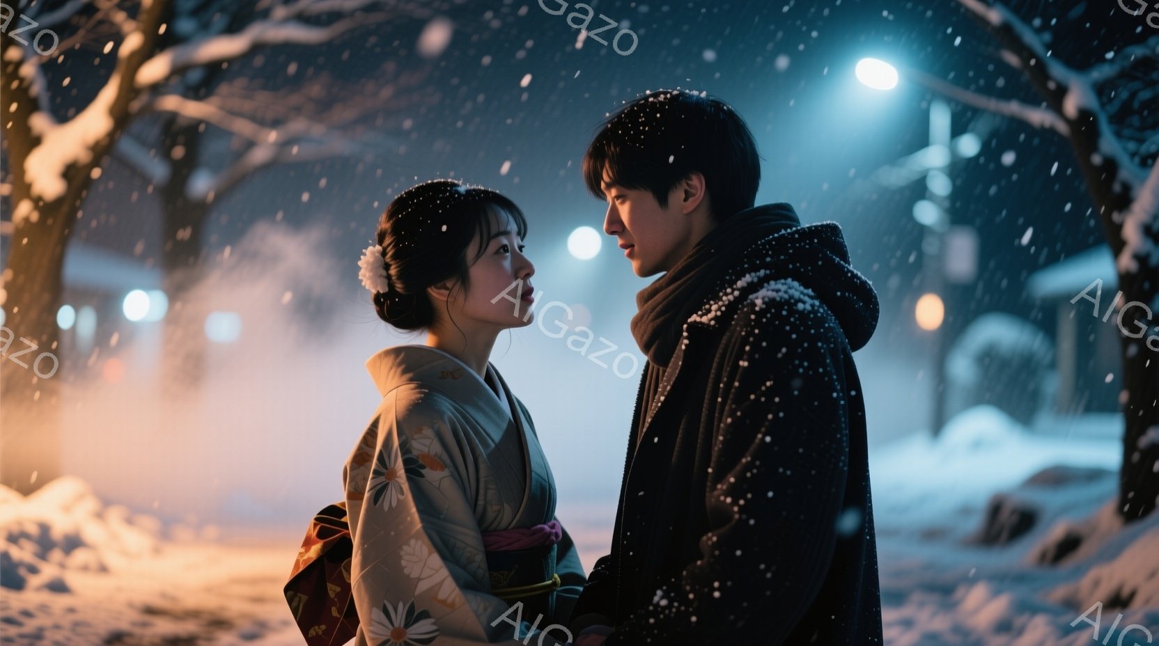 雪が降り積もる夜の街並みで、和装の女性と黒いパーカーを着た男性が向かい合っている。女性はクリーム色の着物を着ており、髪を後ろでまとめ、少し寂しげな表情をしている。男性はフードを被り、女性を見つめ、何かを語りかけているような姿勢で、背景にはぼんやりと家々が見え、幻想的な雰囲気を醸し出している。