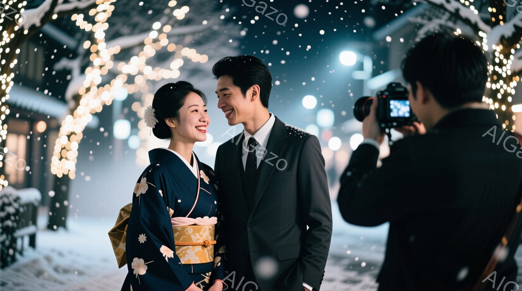 雪が降る中、着物を着た女性とスーツ姿の男性が寄り添って微笑んでいます。女性は花柄の着物と、髪に添えられた白い飾りをつけており、男性は黒いスーツにネクタイを締めています。背景にはライトアップされた建物が - AI生成フリー素材