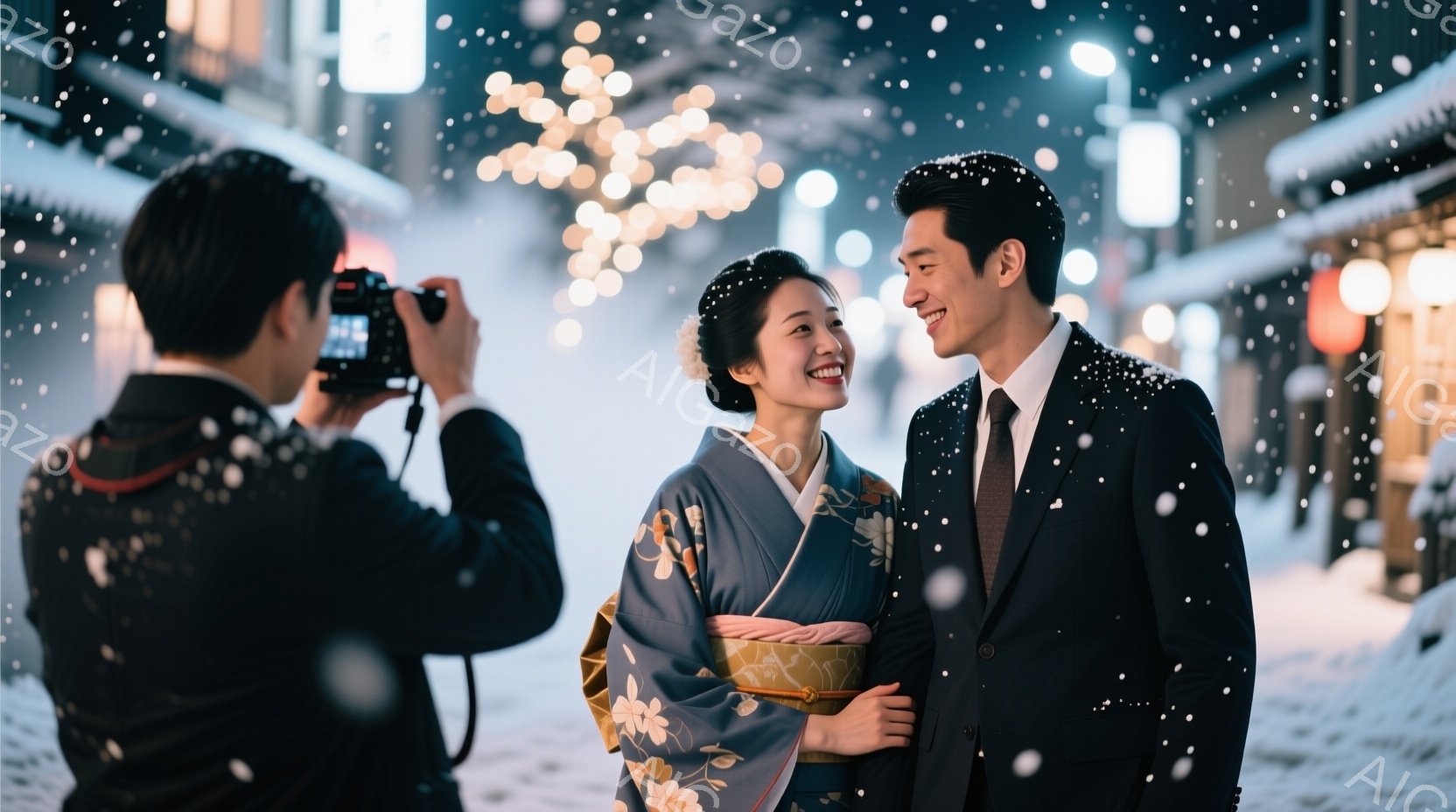 雪が降る中、着物を着た女性とスーツ姿の男性が寄り添って微笑んでいます。女性は華やかな柄の着物を着ており、髪は後ろでまとめられています。背景には古い街並みが広がり、ぼんやりとした提灯の光が幻想的な雰囲気 - AI生成フリー素材