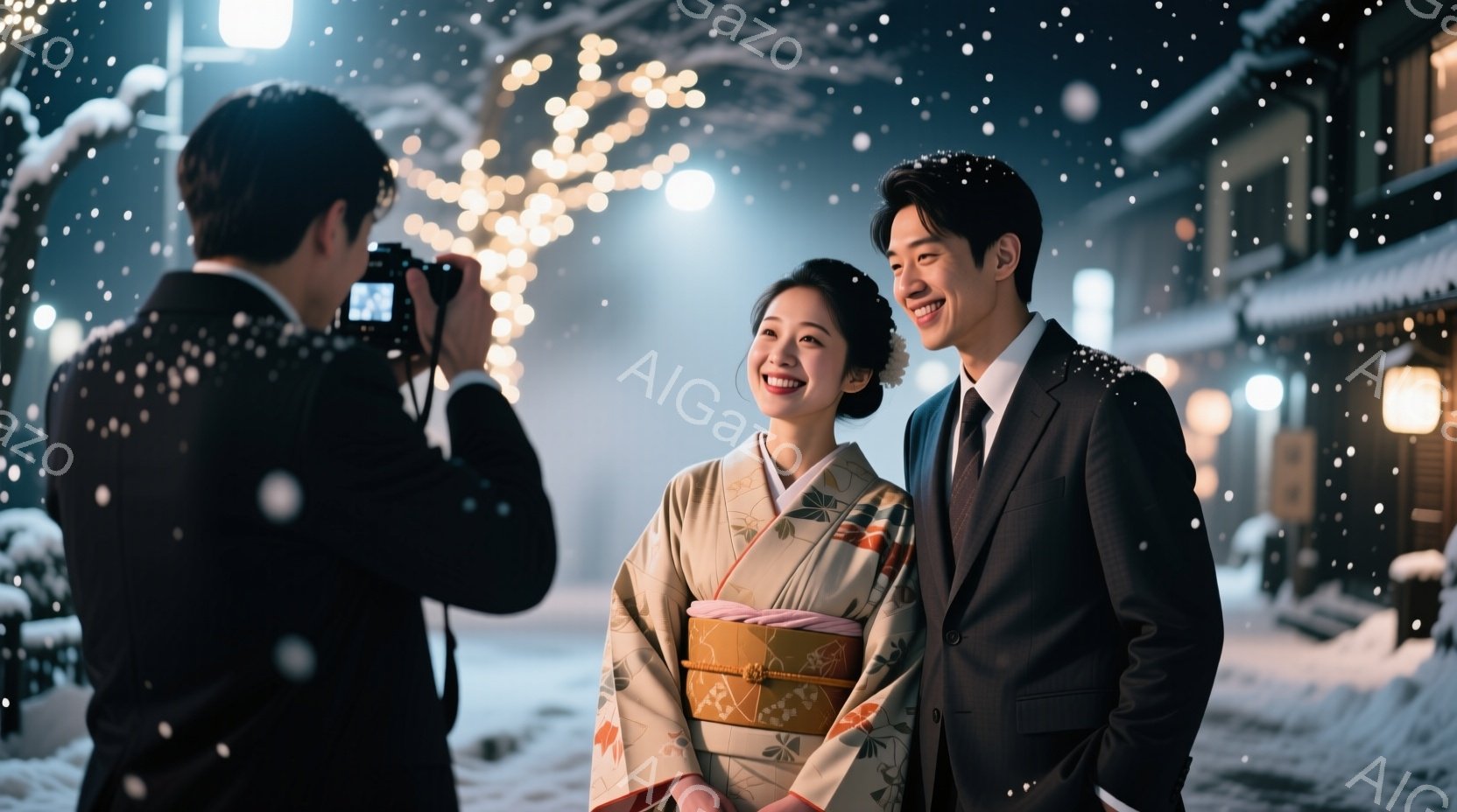 雪が降る夜、和装した女性とスーツ姿の男性が寄り添って微笑んでいます。女性はクリーム色の着物とピンクとゴールドの帯を締め、髪は上品にまとめられています。背景には、ぼんやりと灯りがともった建物が並び、ロマ - AI生成フリー素材
