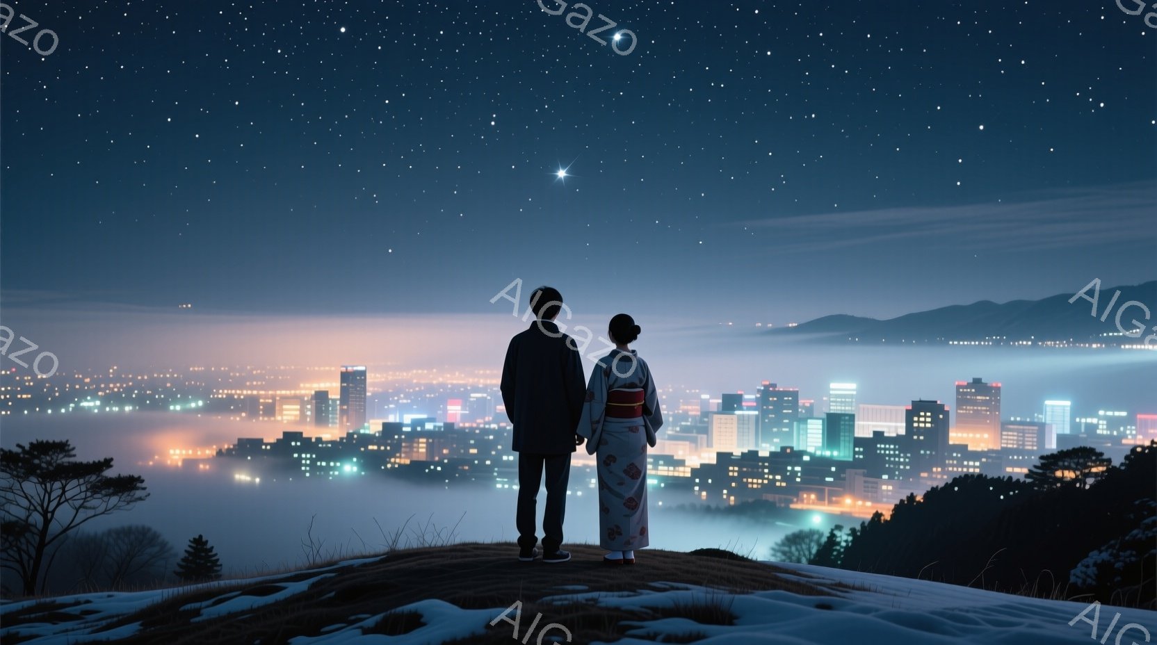 一対の男女が丘の上に立っている。男は黒いコートを着ており、女は赤い花柄の着物を着ている。背景には、霧に包まれた都市の夜景が広がり、星空が輝いている。 - AI生成フリー素材