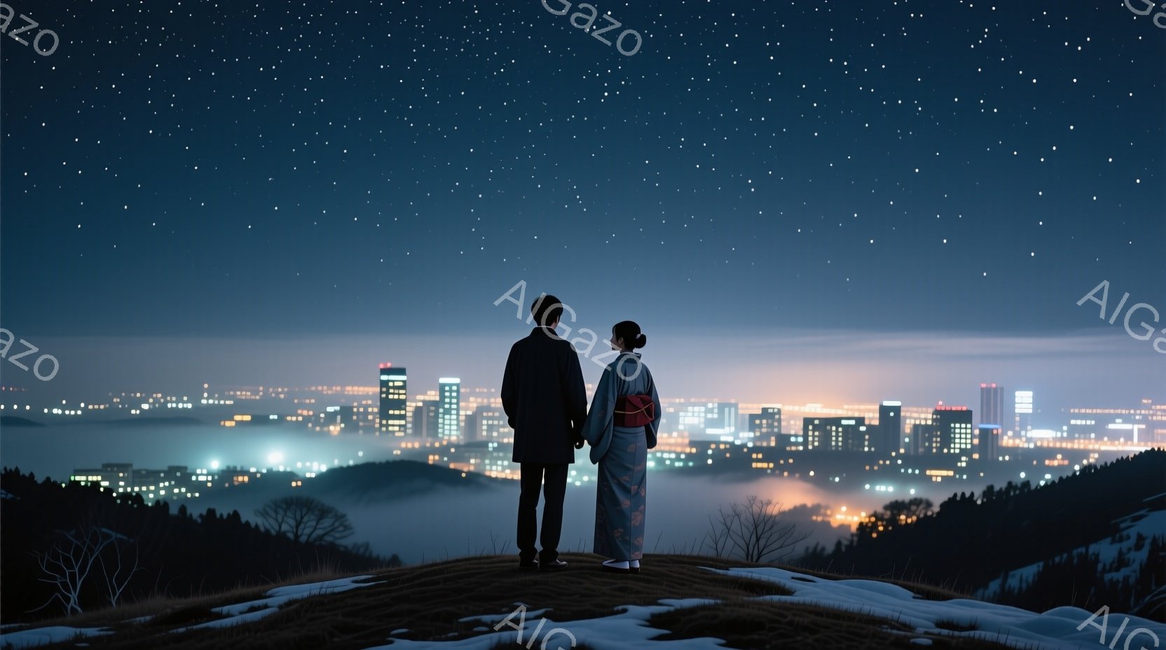 夜空には星が輝き、山頂に立つ男女が夜景を見下ろしている。男は黒いコート、女は赤い帯のついた着物を着ており、互いに寄り添って立っている。眼下には霧に包まれた都市の明かりが広がり、冬の静寂とロマンチックな雰囲気を醸し出している。