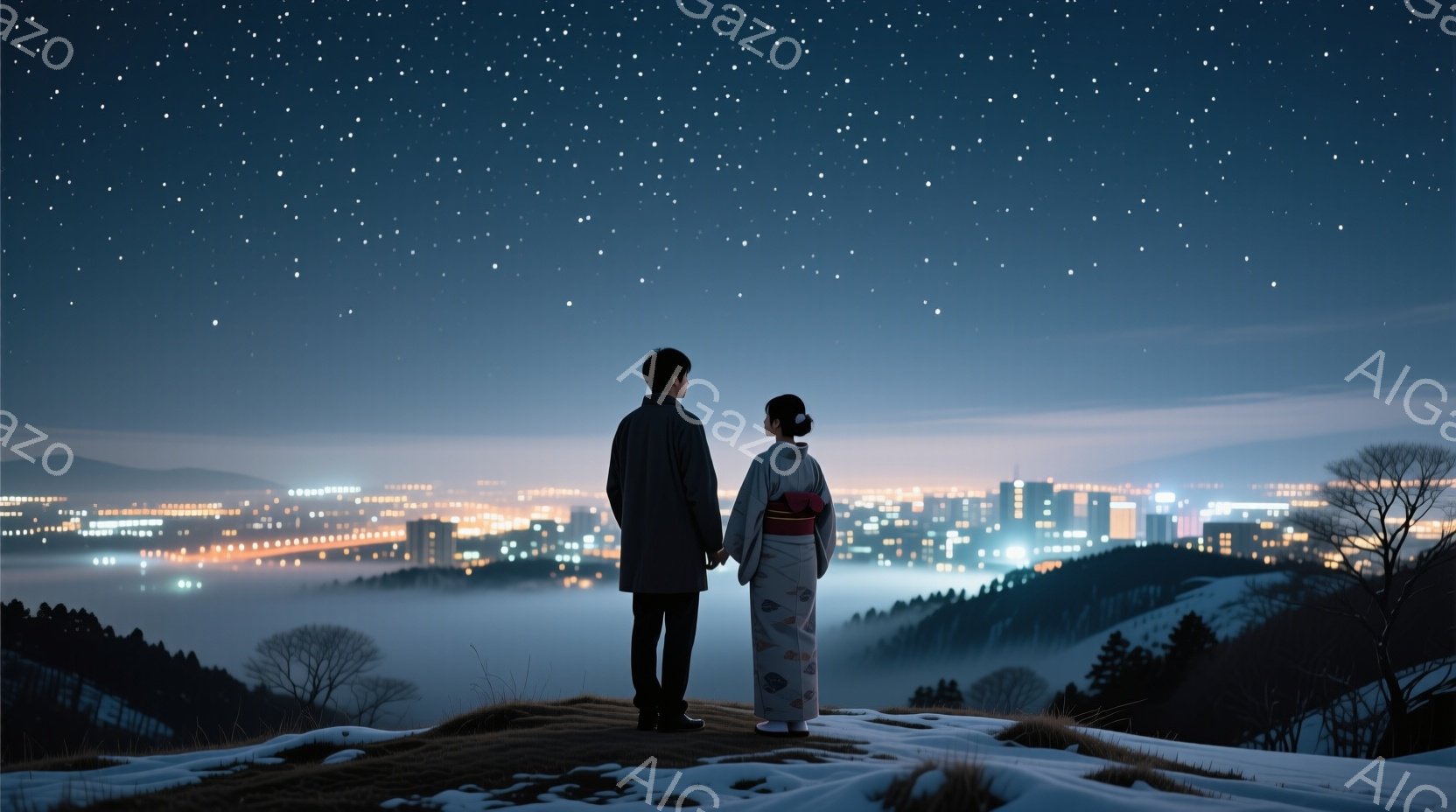 夜景を見下ろす丘の上に立つ男女が描かれています。男性はダークカラーのコートを着ており、女性は鮮やかな赤い帯が印象的な、花柄の着物姿です。二人は手をつなぎ、丘の下に広がる光り輝く都市の夜景を静かに見つめており、穏やかでロマンチックな雰囲気が漂っています。
