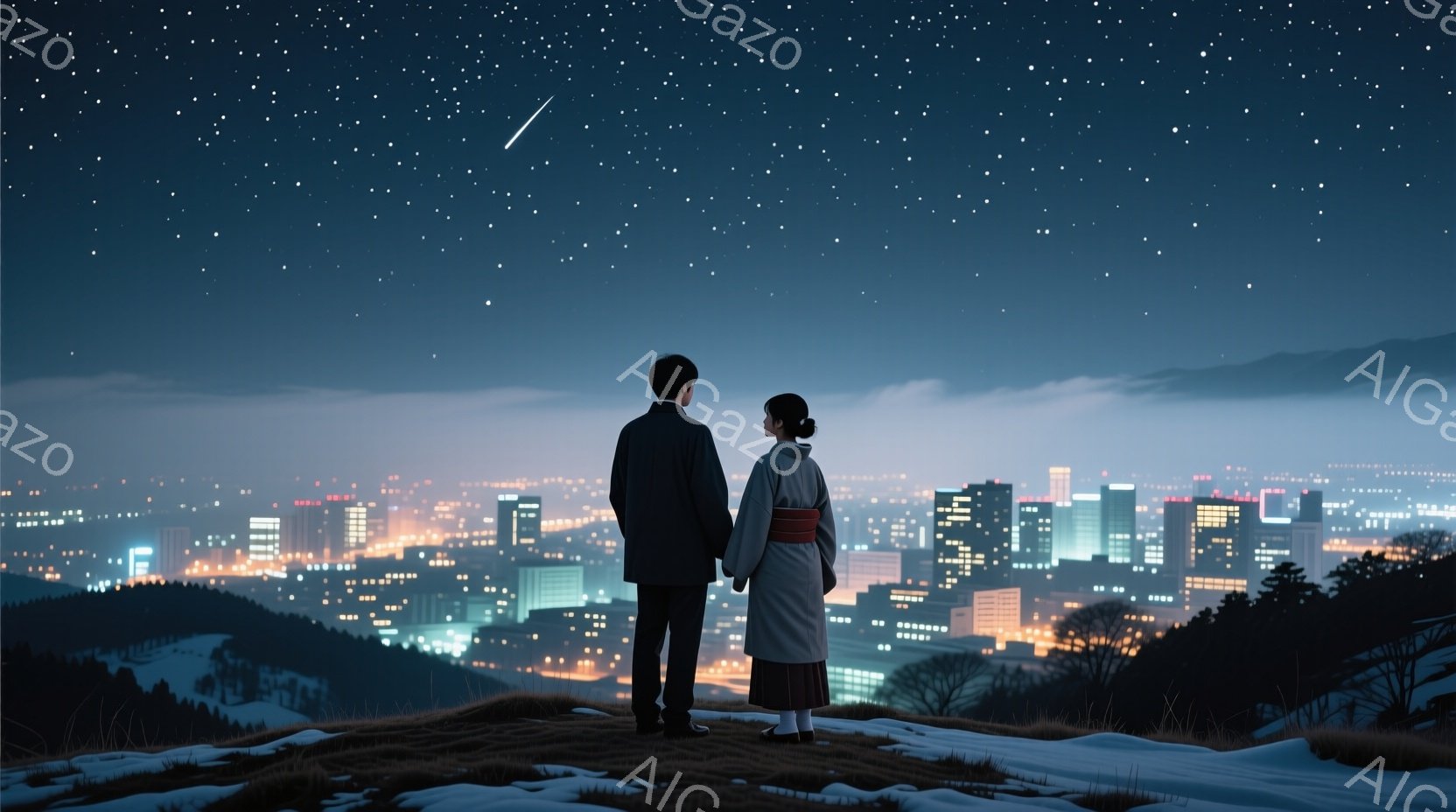 夜景を見下ろす男女が描かれています。男性は黒いコートを着ており、女性は赤い帯が結ばれた白っぽい着物を着用しています。彼らは寄り添い、遠くの都市の明かりと夜空に輝く星空を見つめており、静かでロマンチックな雰囲気が漂っています。