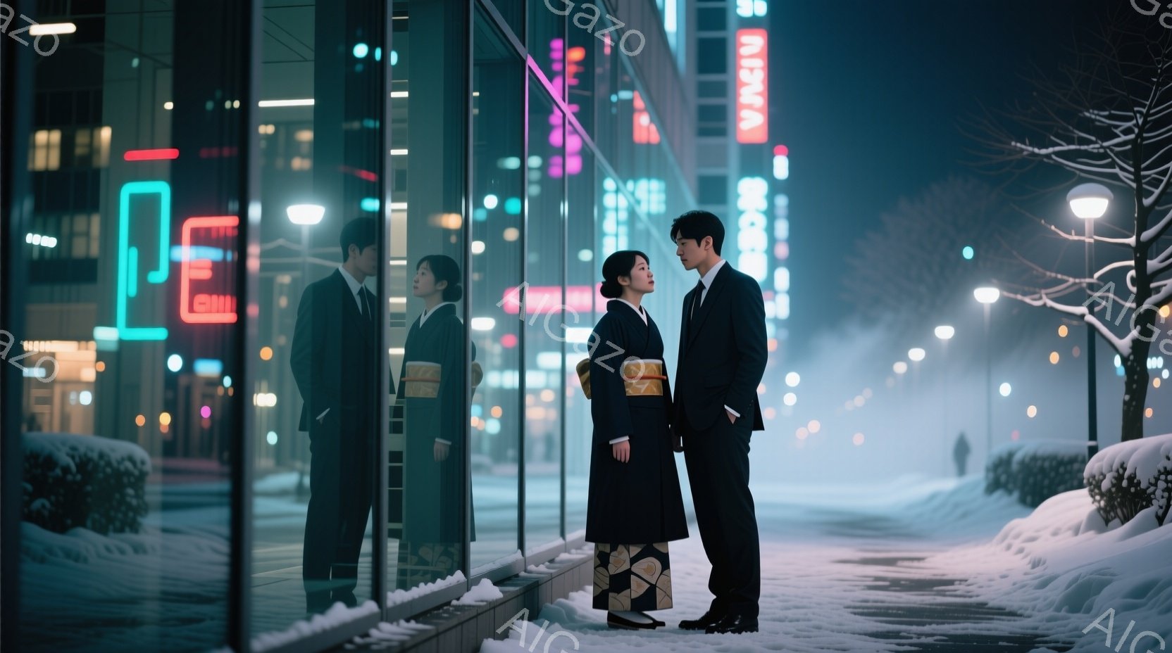 街の夜景を背景に、一対の男女が立っている。男性は黒いスーツとコートを着ており、女性は濃い藍色の着物と金色の帯を締めている。雪が積もり、背景の建物はガラス張りの近代的な建物で、ネオンサインが光っている。 - AI生成フリー素材
