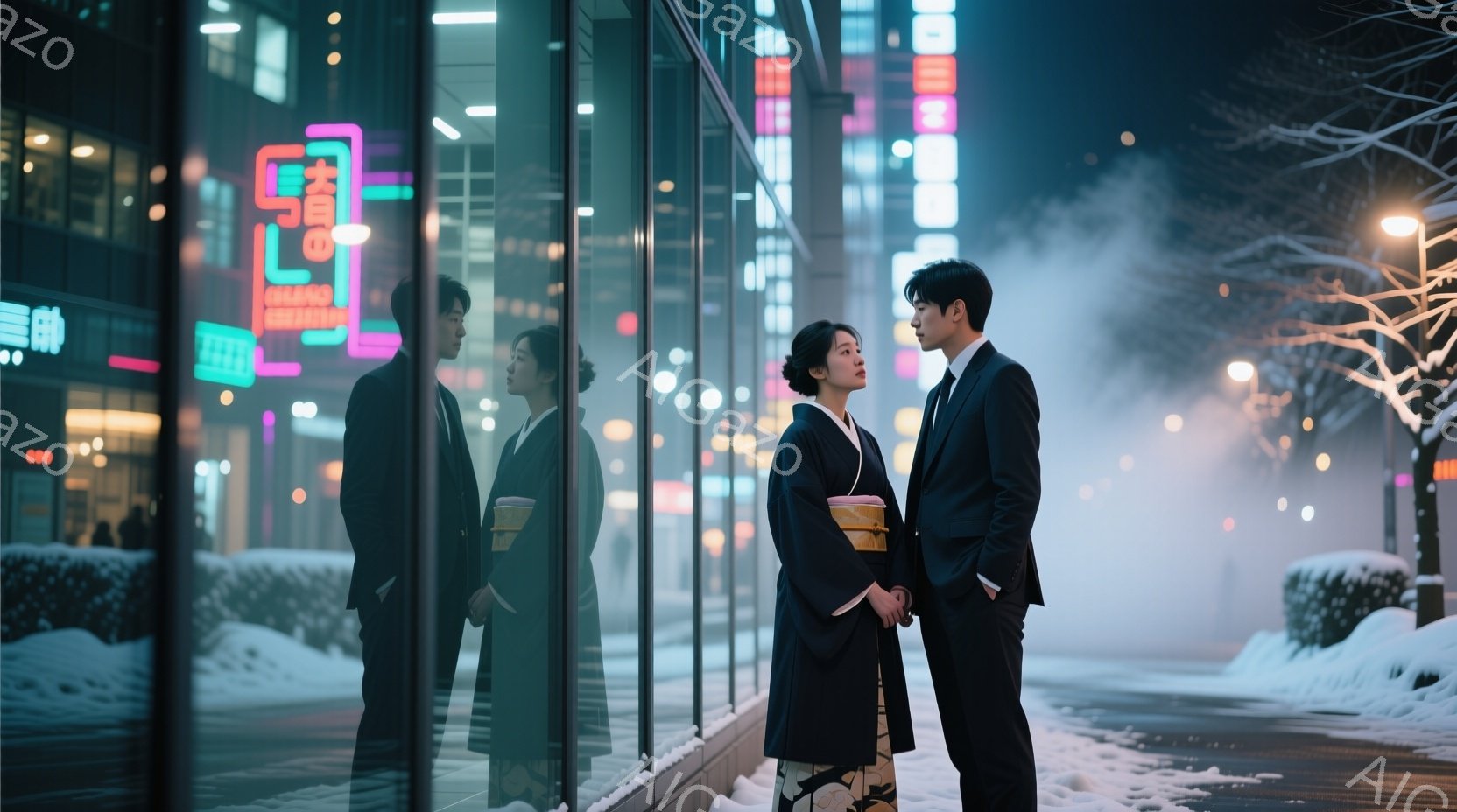 雪が降る夜、和装の女性とスーツ姿の男性が道路の傍で向き合って立っている。女性は鮮やかな花柄の着物を着ており、男性は黒いスーツで、互いに手を繋いでいる。背景には光り輝く高層ビル群がぼんやりと見え、雪景色が幻想的な雰囲気を醸し出している。